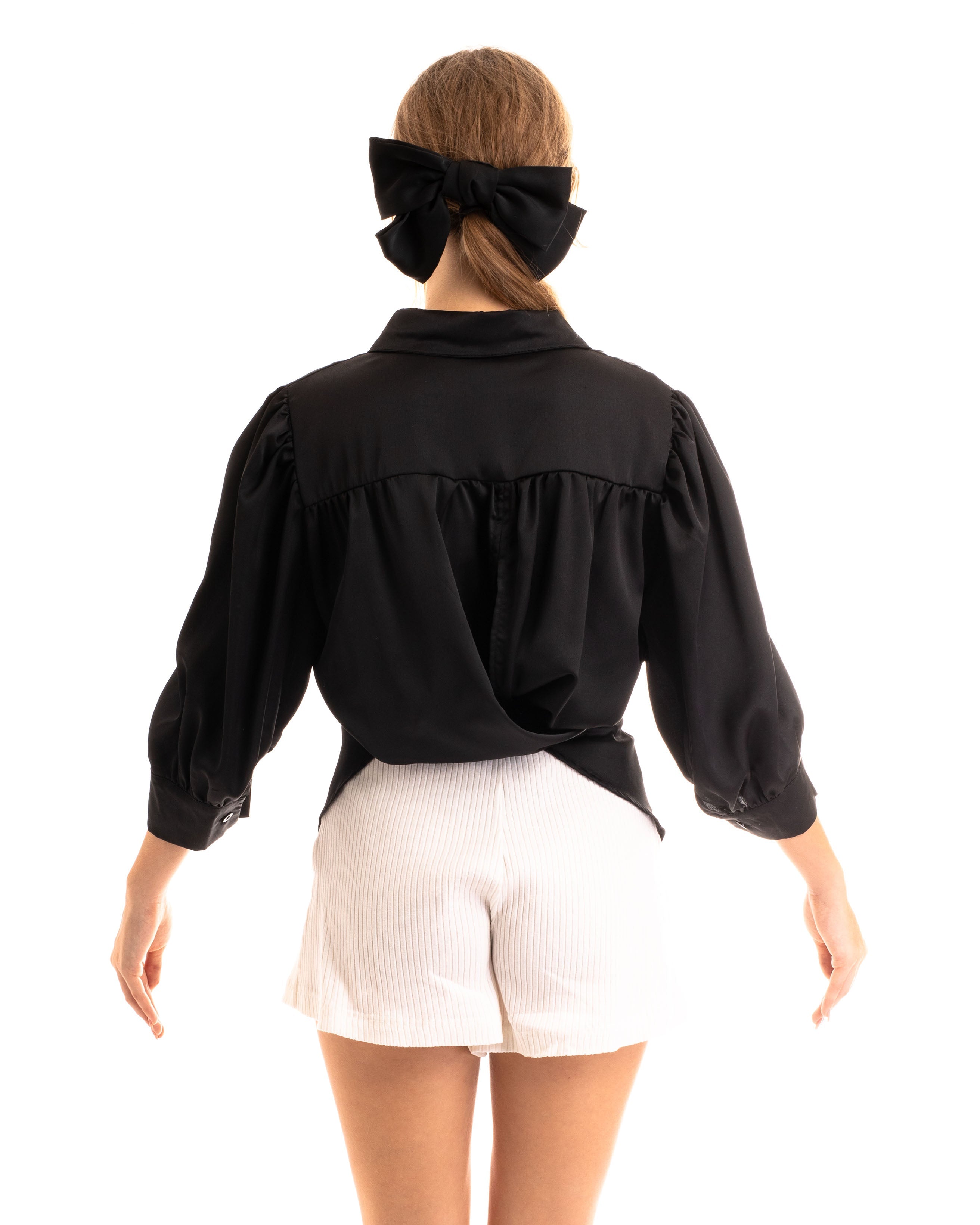 Olivia Row™ | Cross Back and front tie up crop shirt top in black