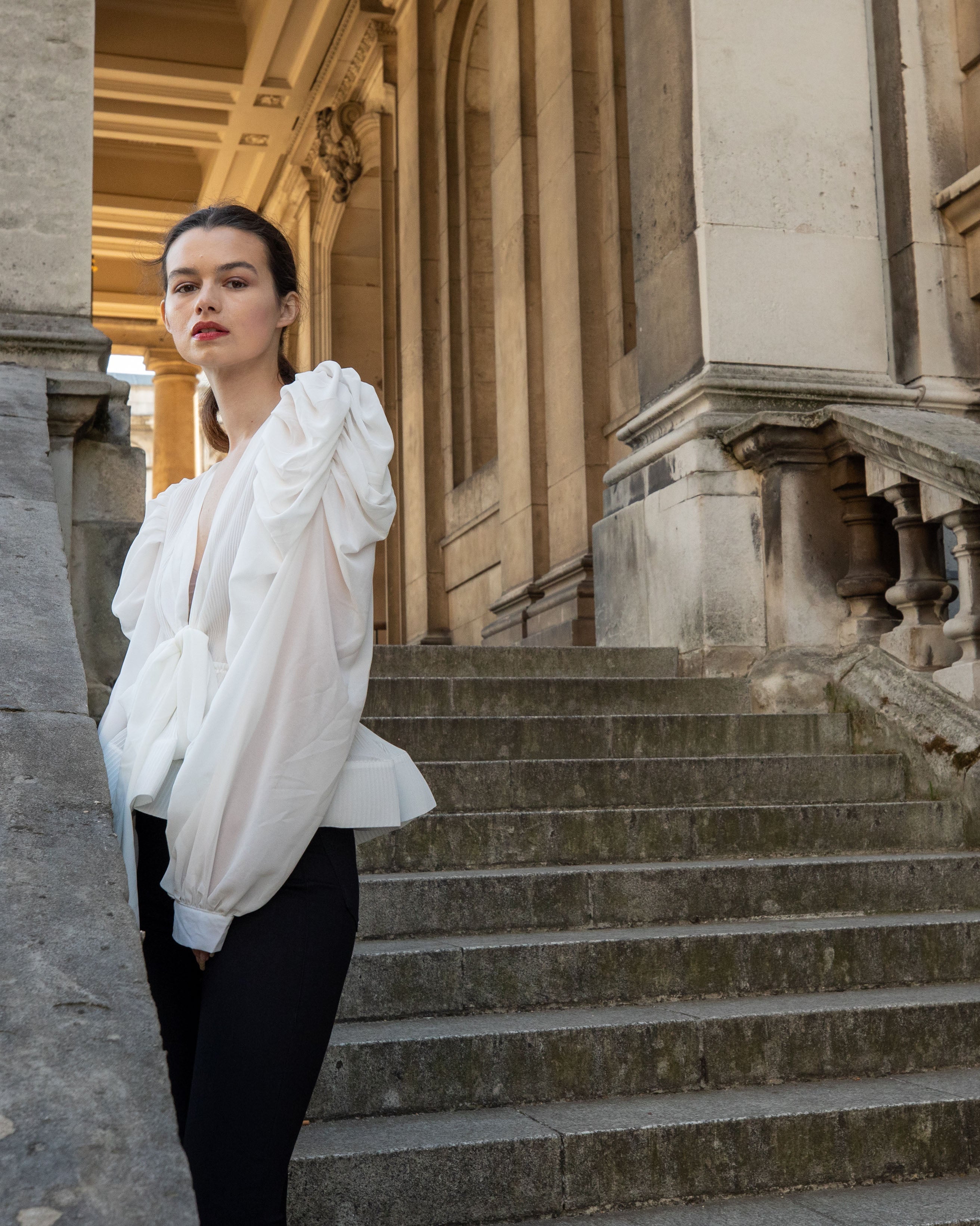 Olivia Row™ | White Frill sleeves blouse bow tie up front with mesh hem