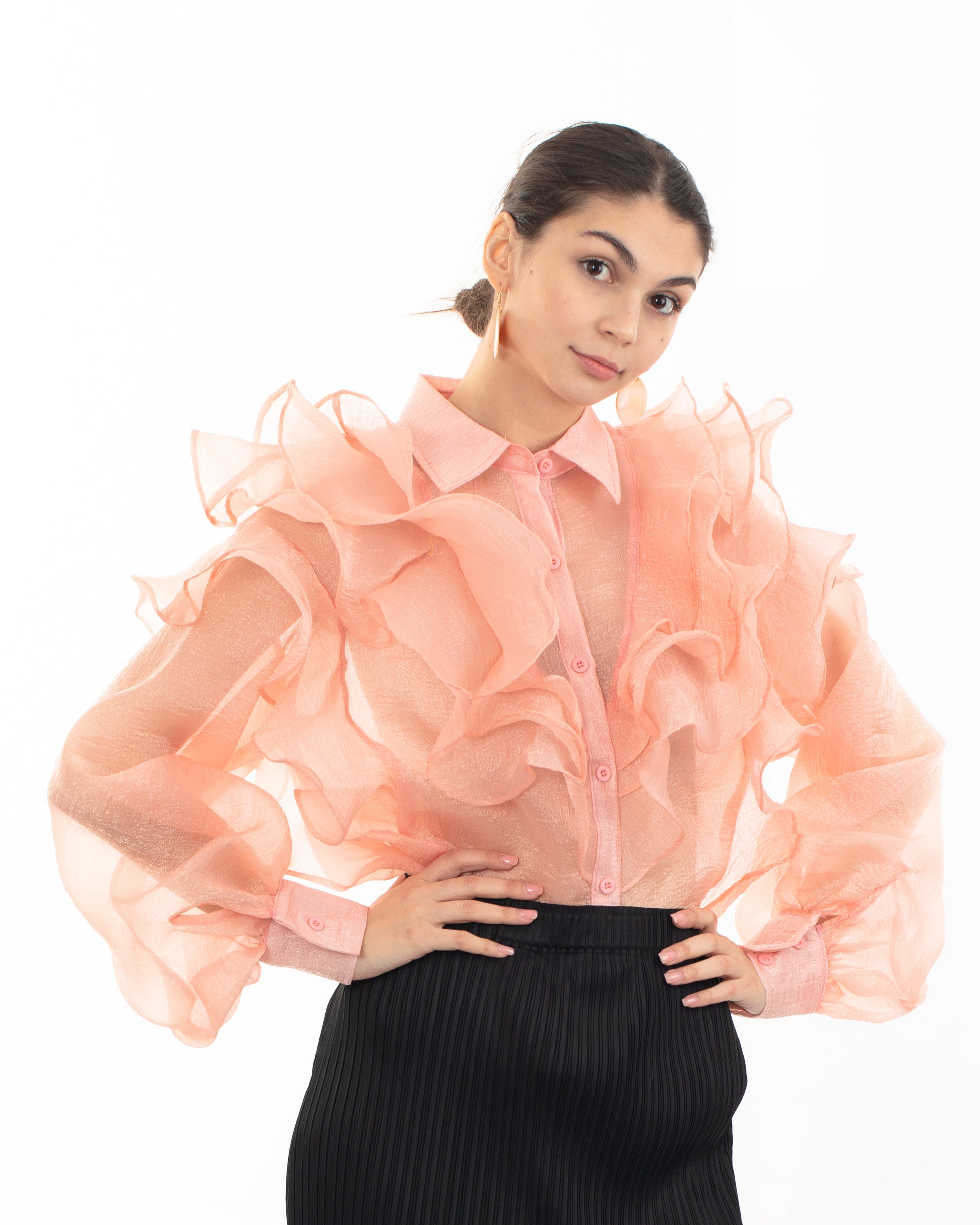 Olivia Row™ | Multi Layer ruffles design sheer organza shirt in Dusty Pink