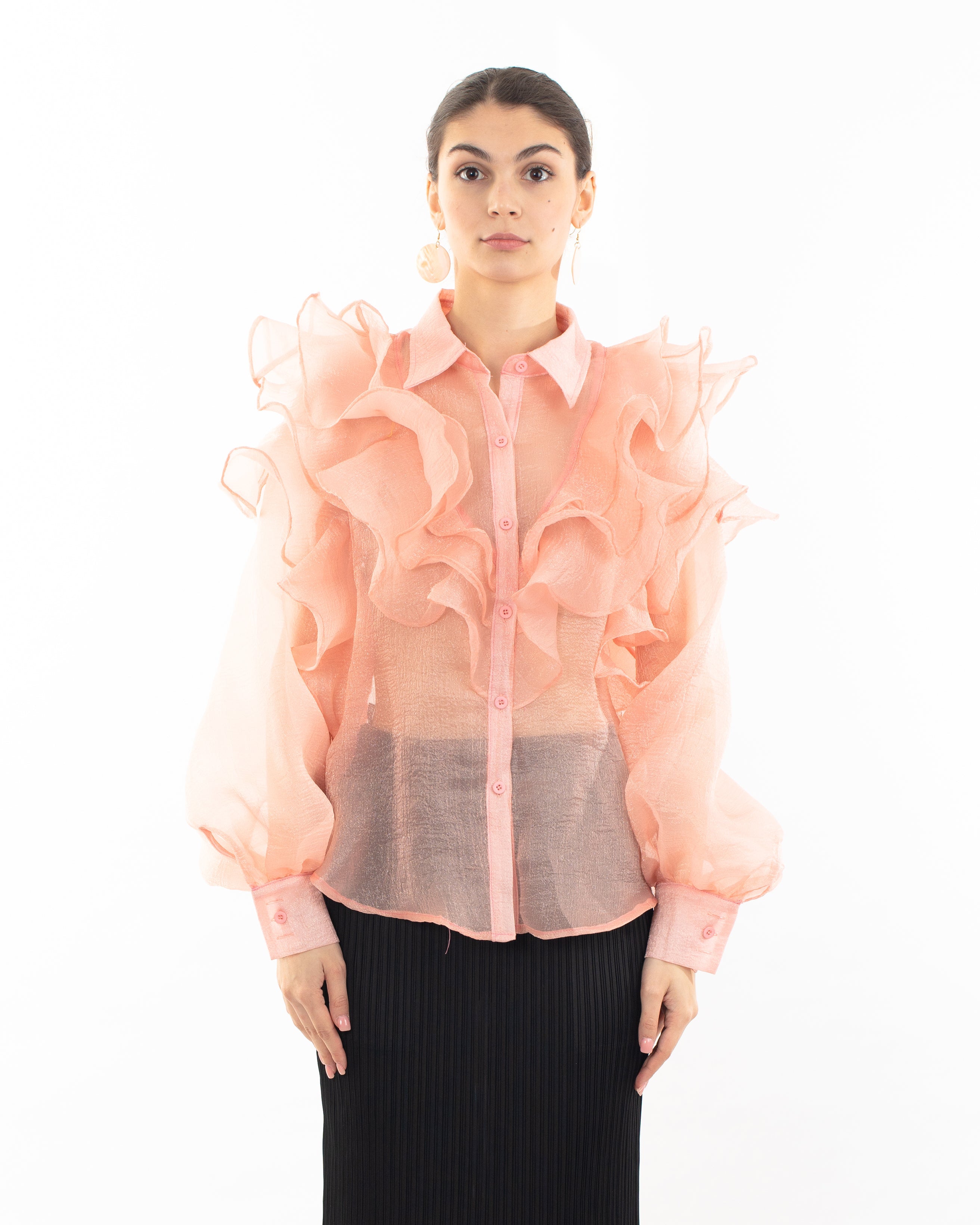 Olivia Row™ | Multi Layer ruffles design sheer organza shirt in Dusty Pink