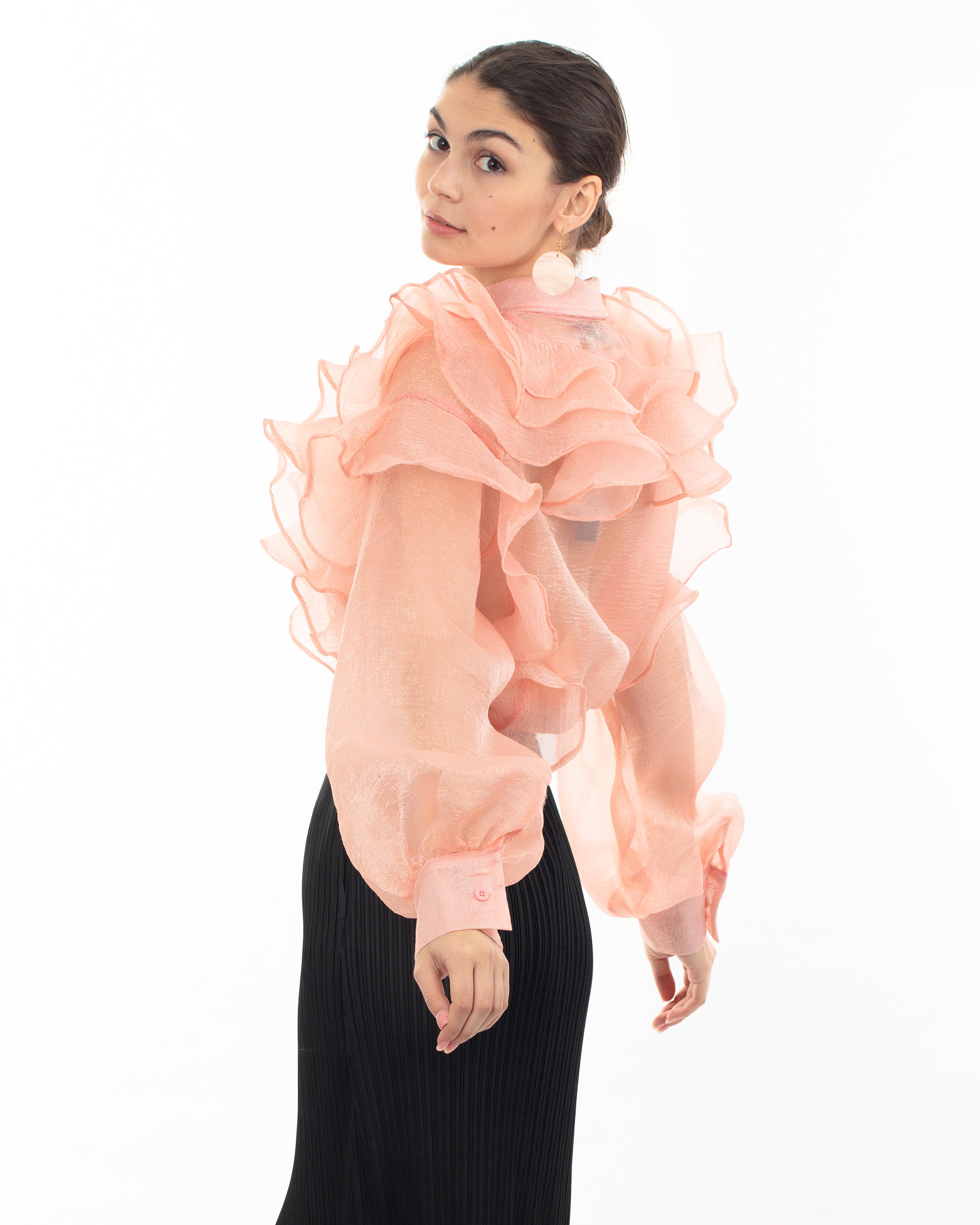 Olivia Row™ | Multi Layer ruffles design sheer organza shirt in Dusty Pink