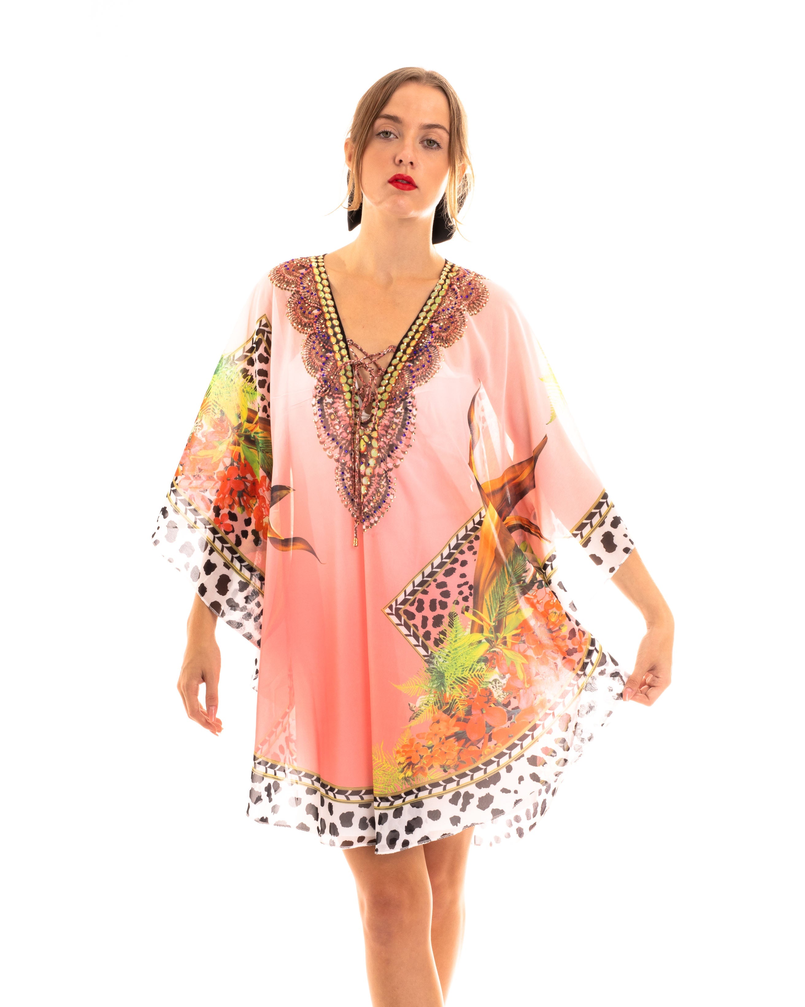 Olivia Row™ | Leopard print chiffon kaftan top in pink