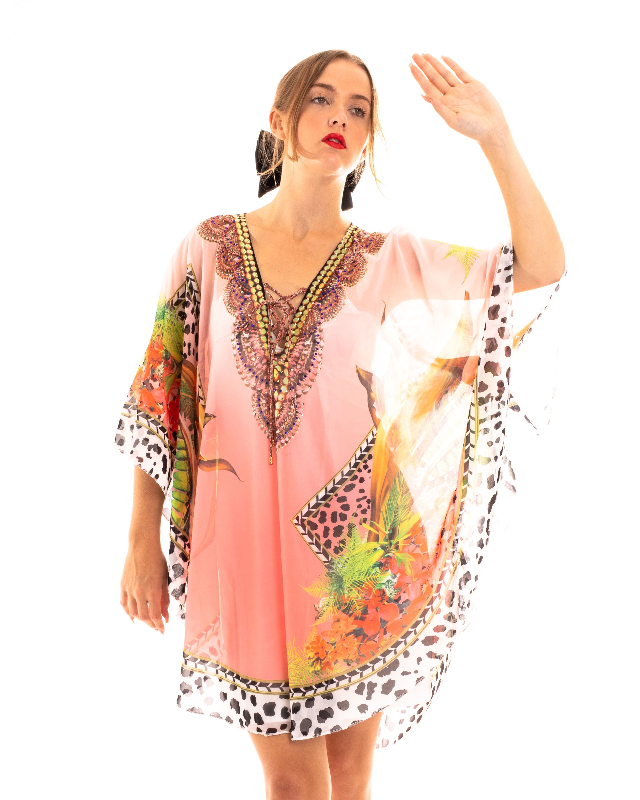 Olivia Row™ | Leopard print chiffon kaftan top in pink