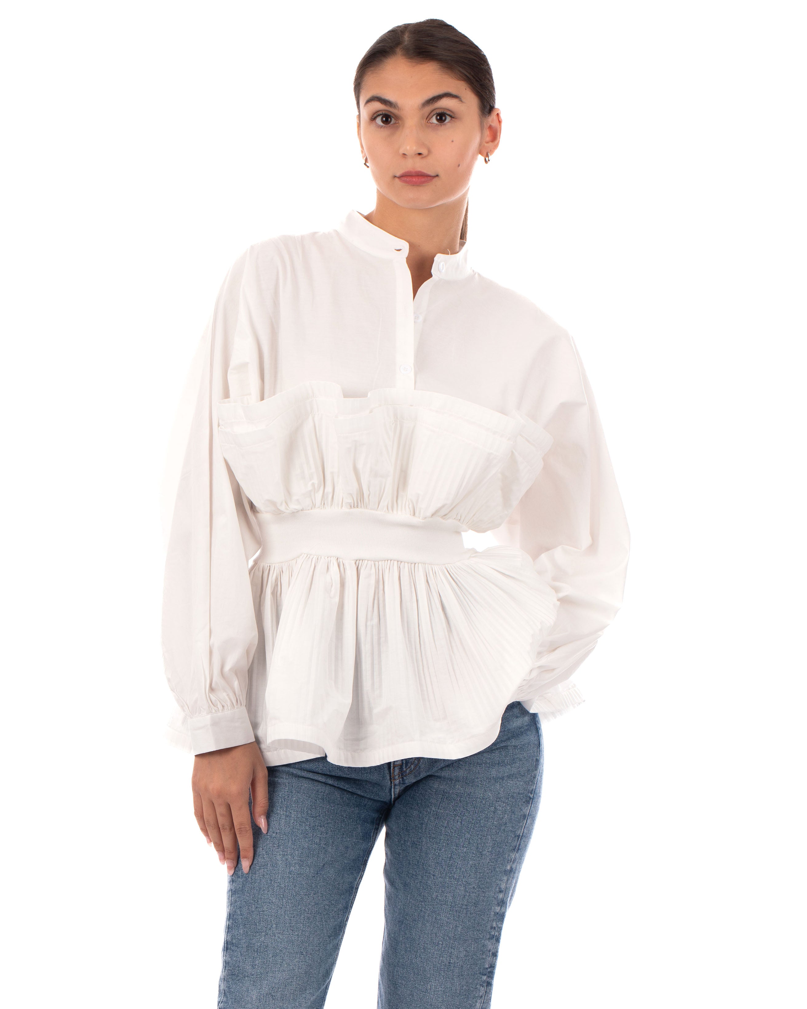 Olivia Row™ | Ruffle design around chest and hem cotton shirt in white