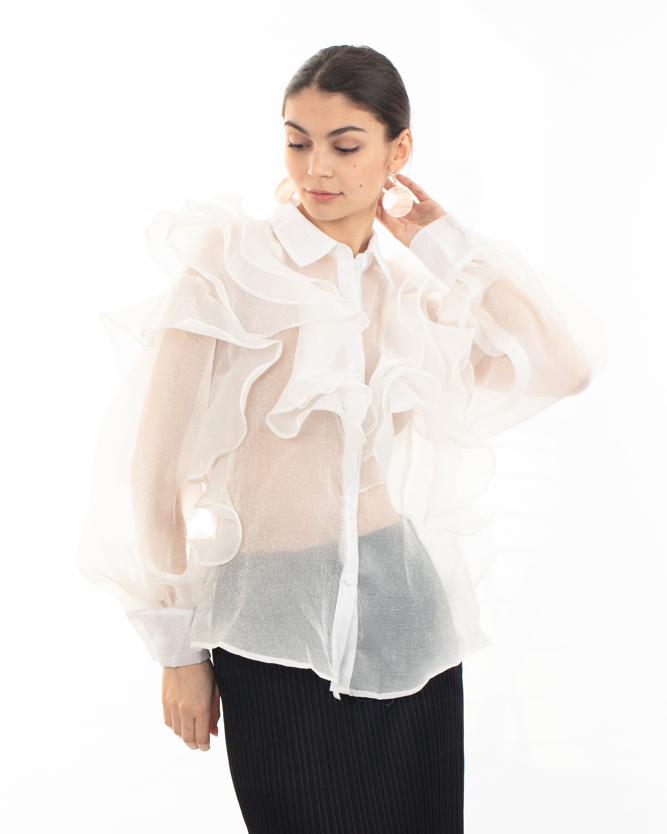 Olivia Row™ | Multi Layer ruffles design sheer organza shirt in White