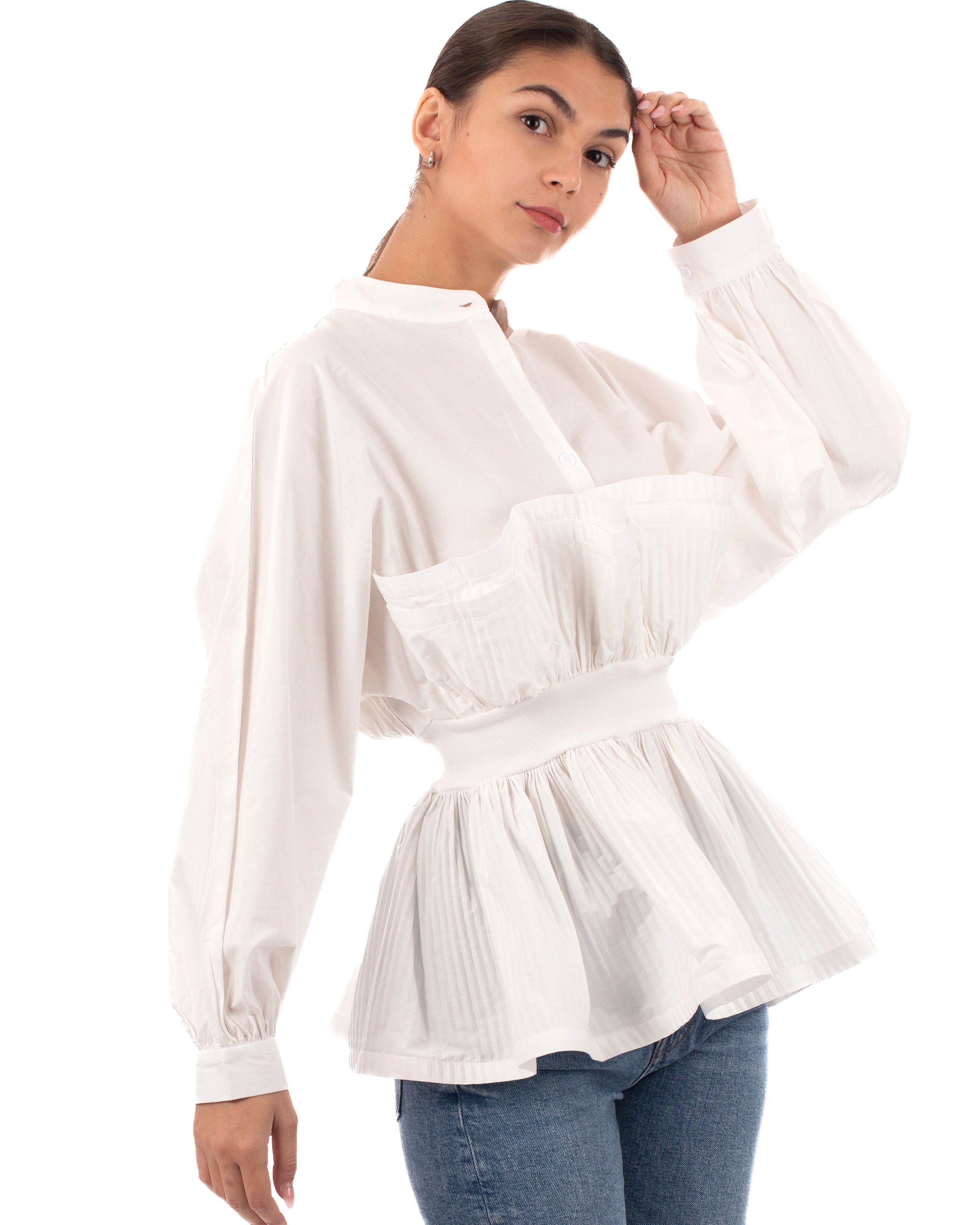 Olivia Row™ | Ruffle design around chest and hem cotton shirt in white