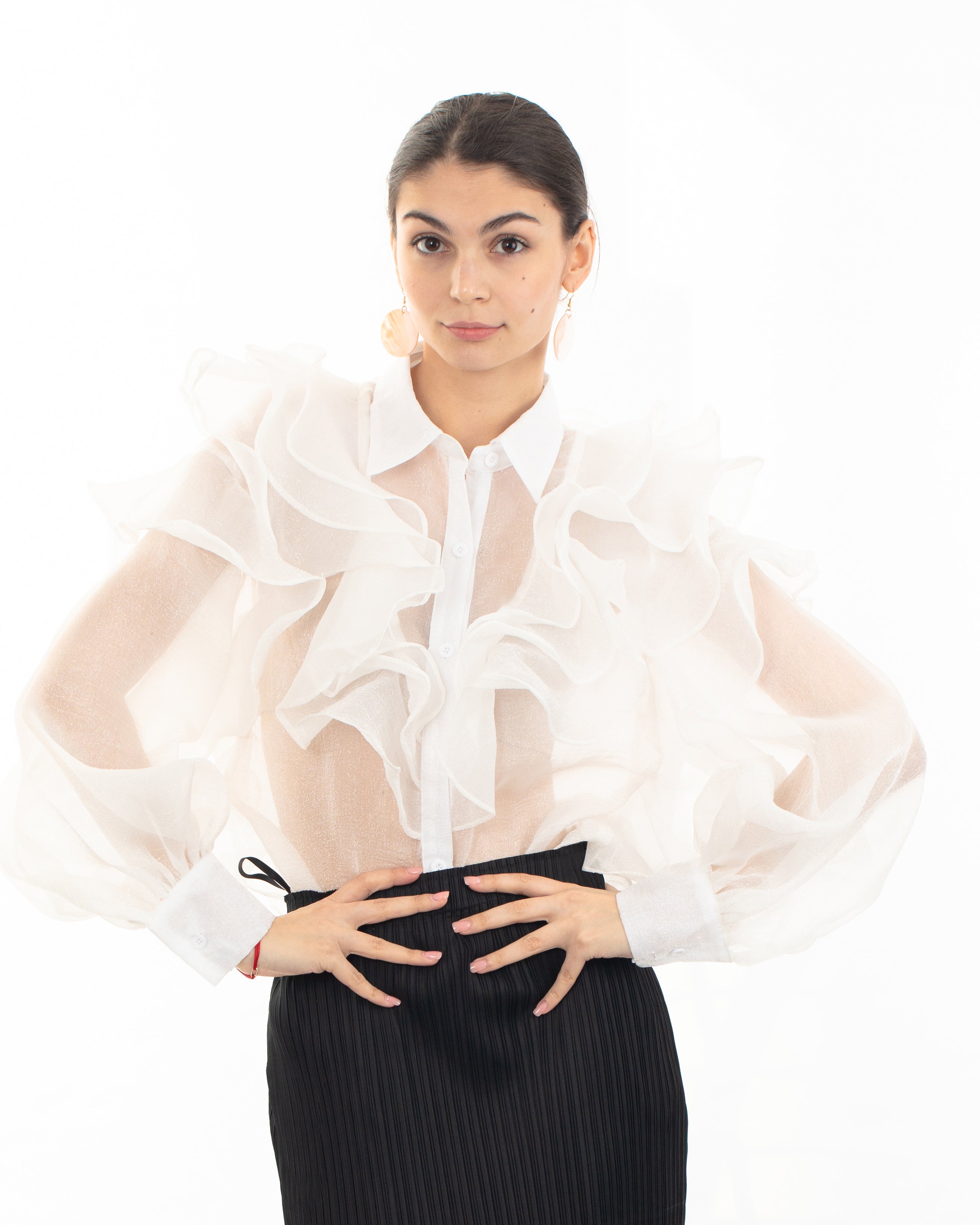 Olivia Row™ | Multi Layer ruffles design sheer organza shirt in White