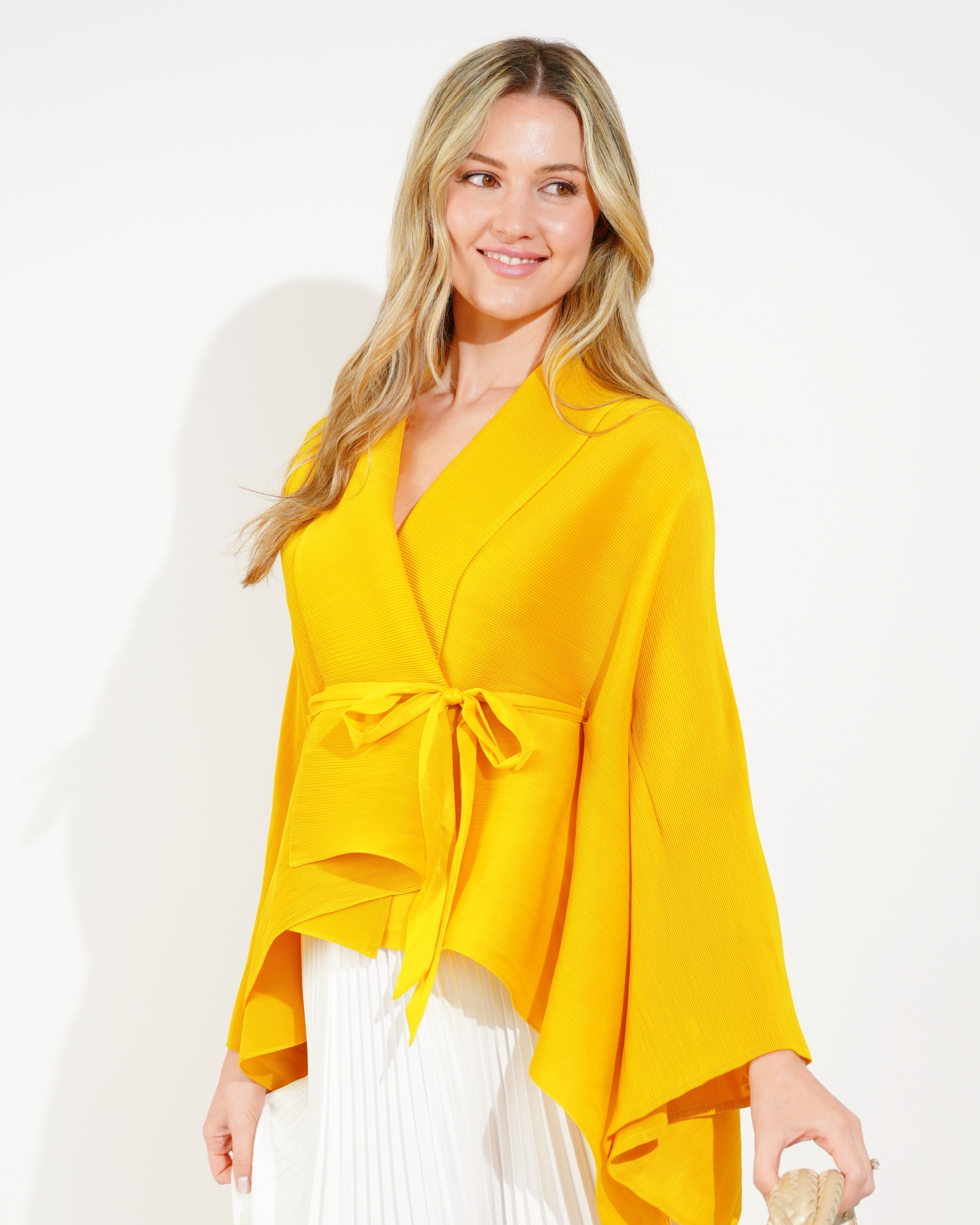 Oliva Row™ | Full pleated Kimono sleeves cardigan top and tie dye print maxi skirt in Yellow