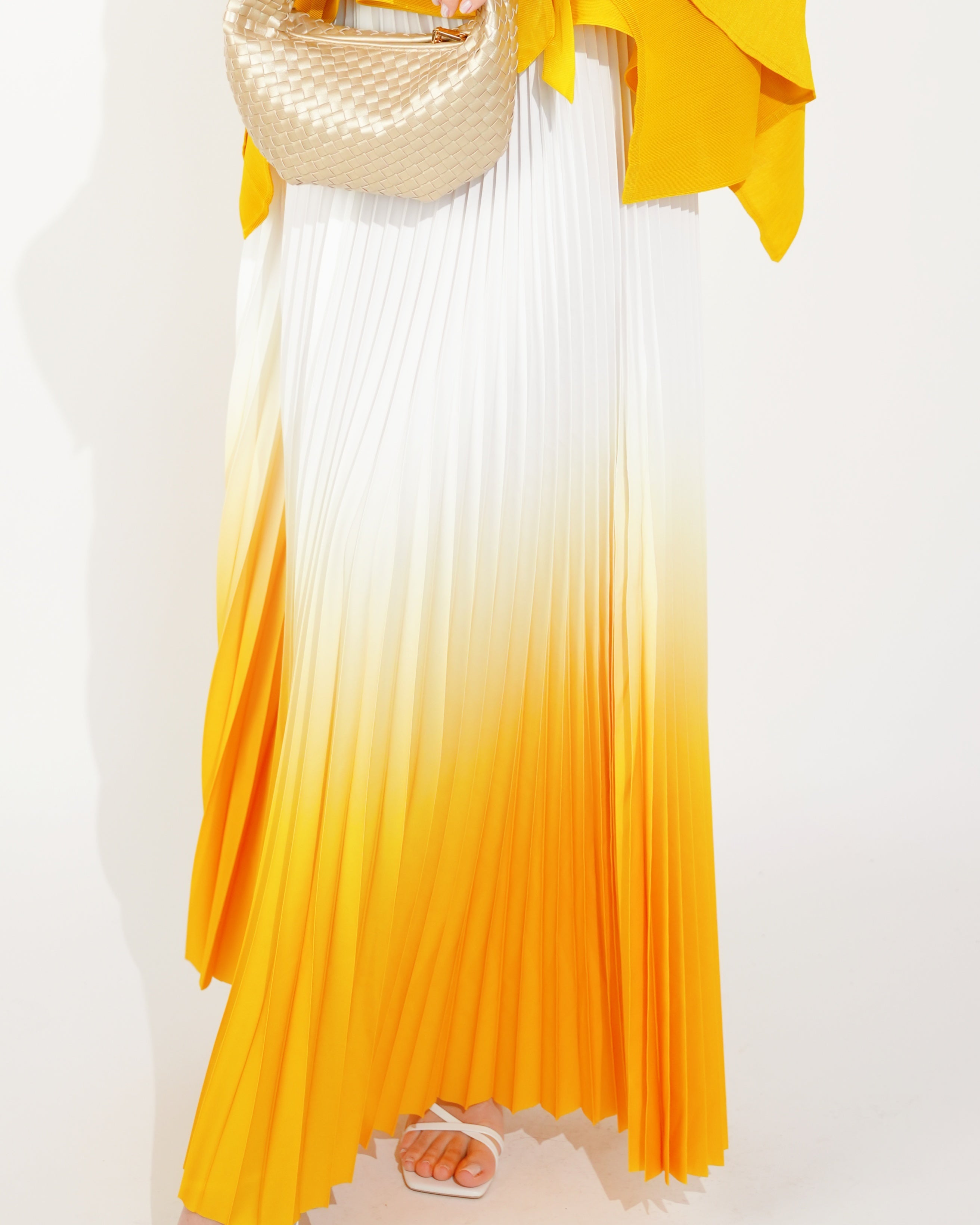 Oliva Row™ | Full pleated Kimono sleeves cardigan top and tie dye print maxi skirt in Yellow