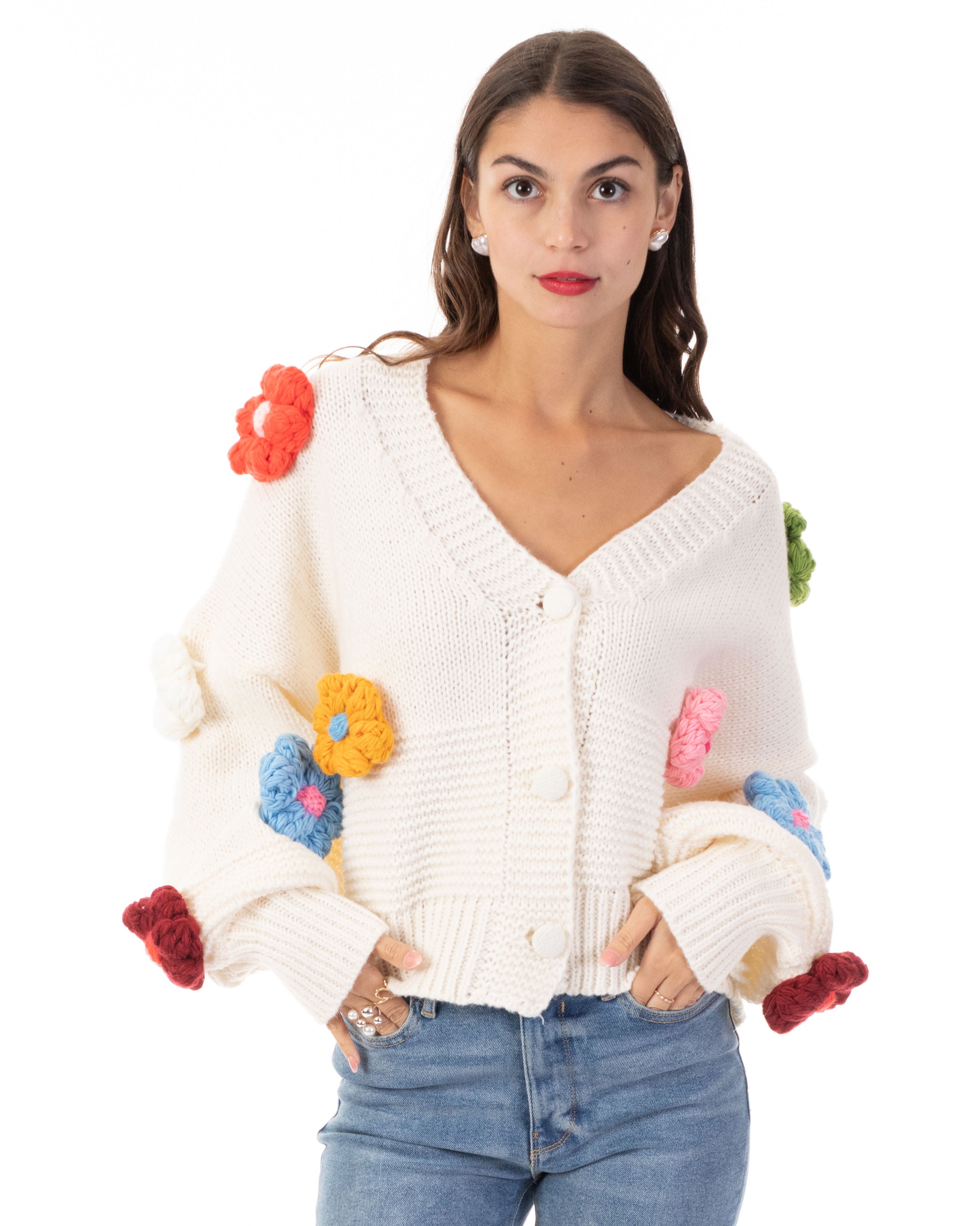 Olivia Row™ | Hand knit Chunky Hand knit Floral Patten Cardigan in Cream