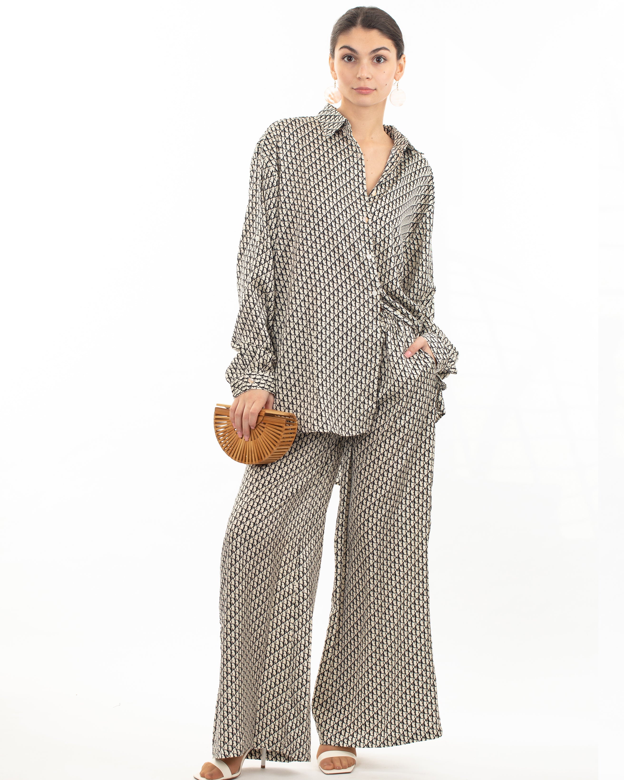 Olivia Row™ | Black and White Letter D Houndstooth Print Shirt and Trousers Co-ords