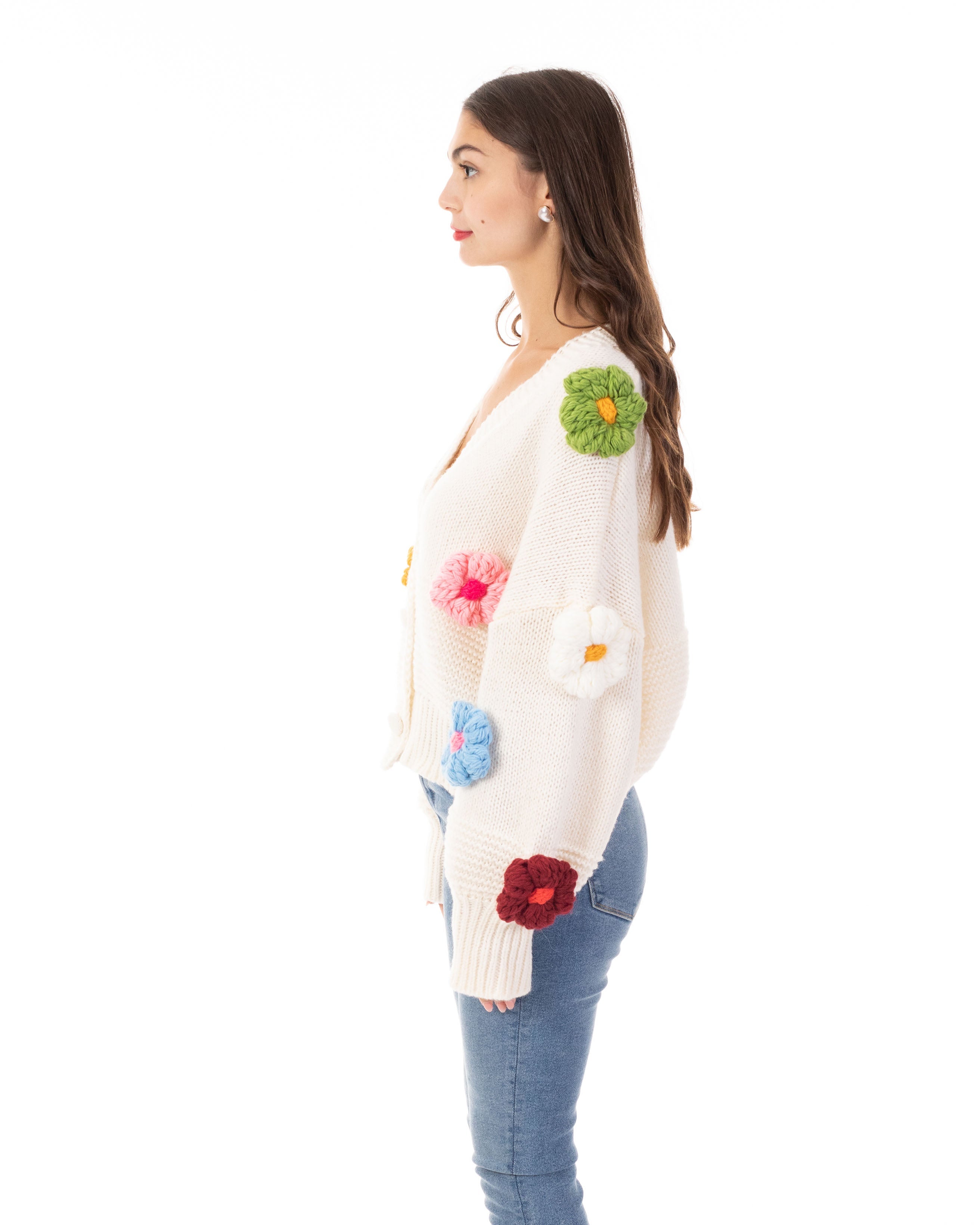 Olivia Row™ | Hand knit Chunky Hand knit Floral Patten Cardigan in Cream