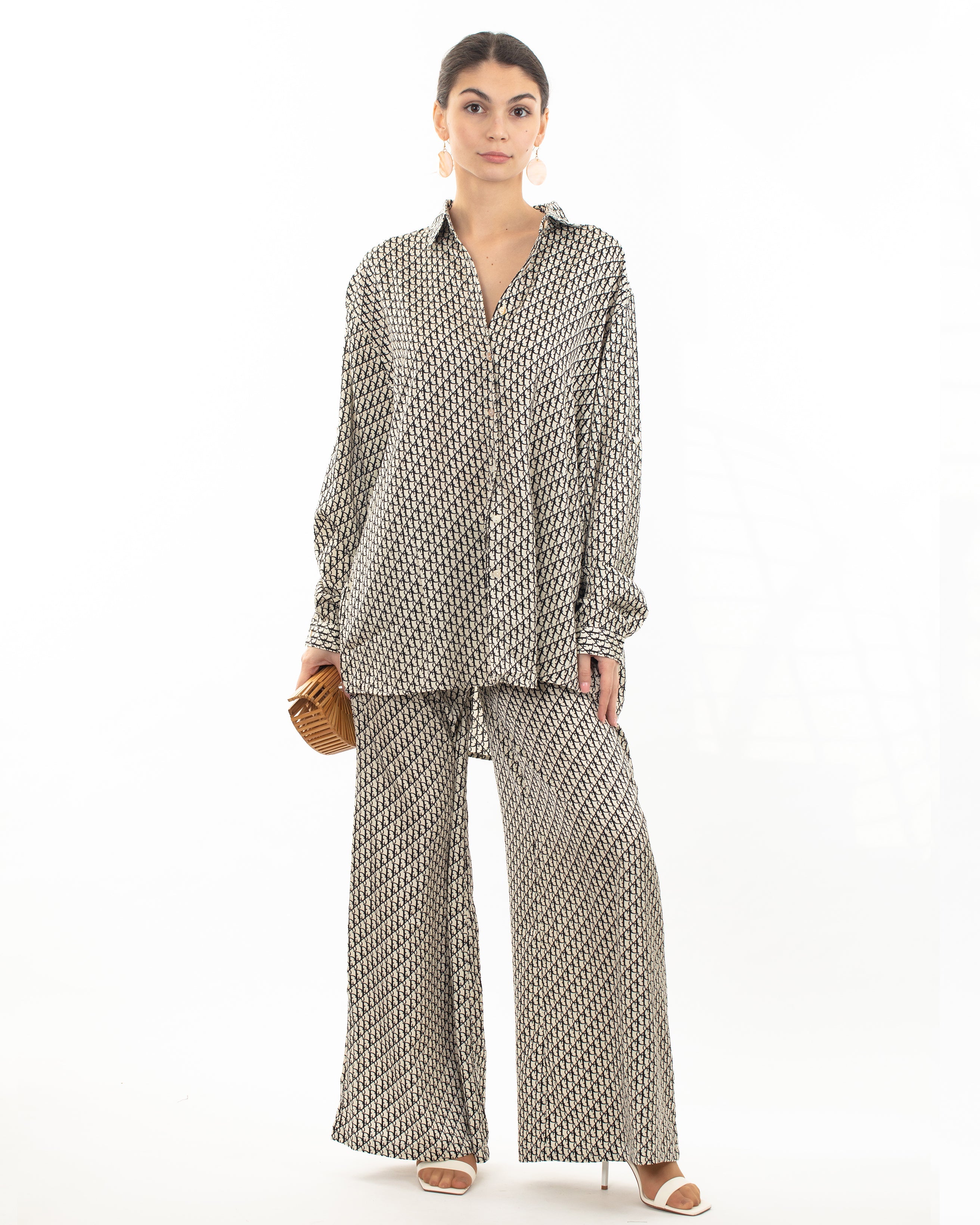 Olivia Row™ | Black and White Letter D Houndstooth Print Shirt and Trousers Co-ords