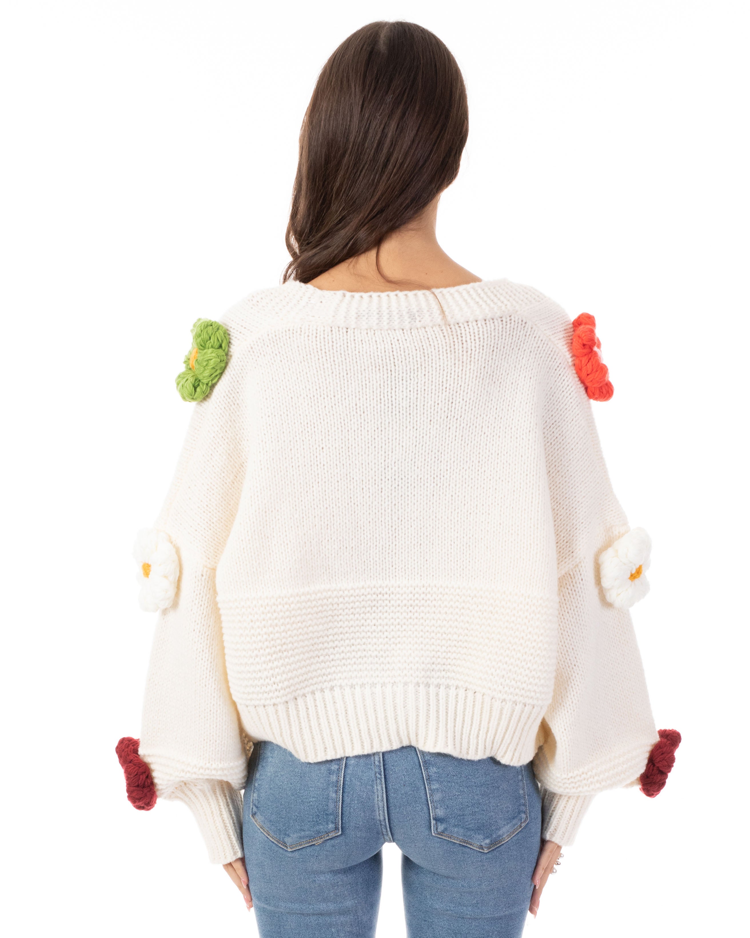 Olivia Row™ | Hand knit Chunky Hand knit Floral Patten Cardigan in Cream