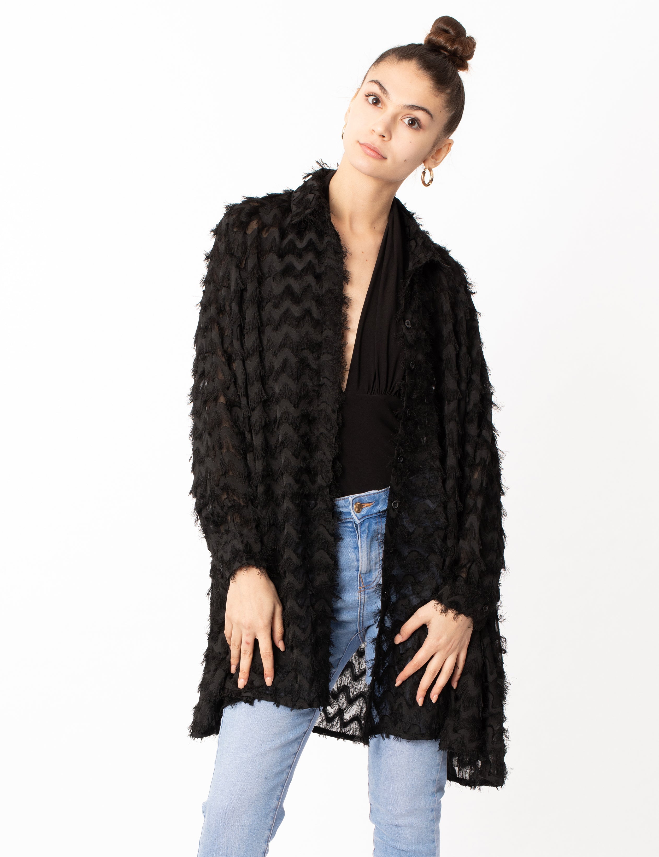 Olivia Row™ | Black color Oversized shirt dress in multi tassel stripe design fabric
