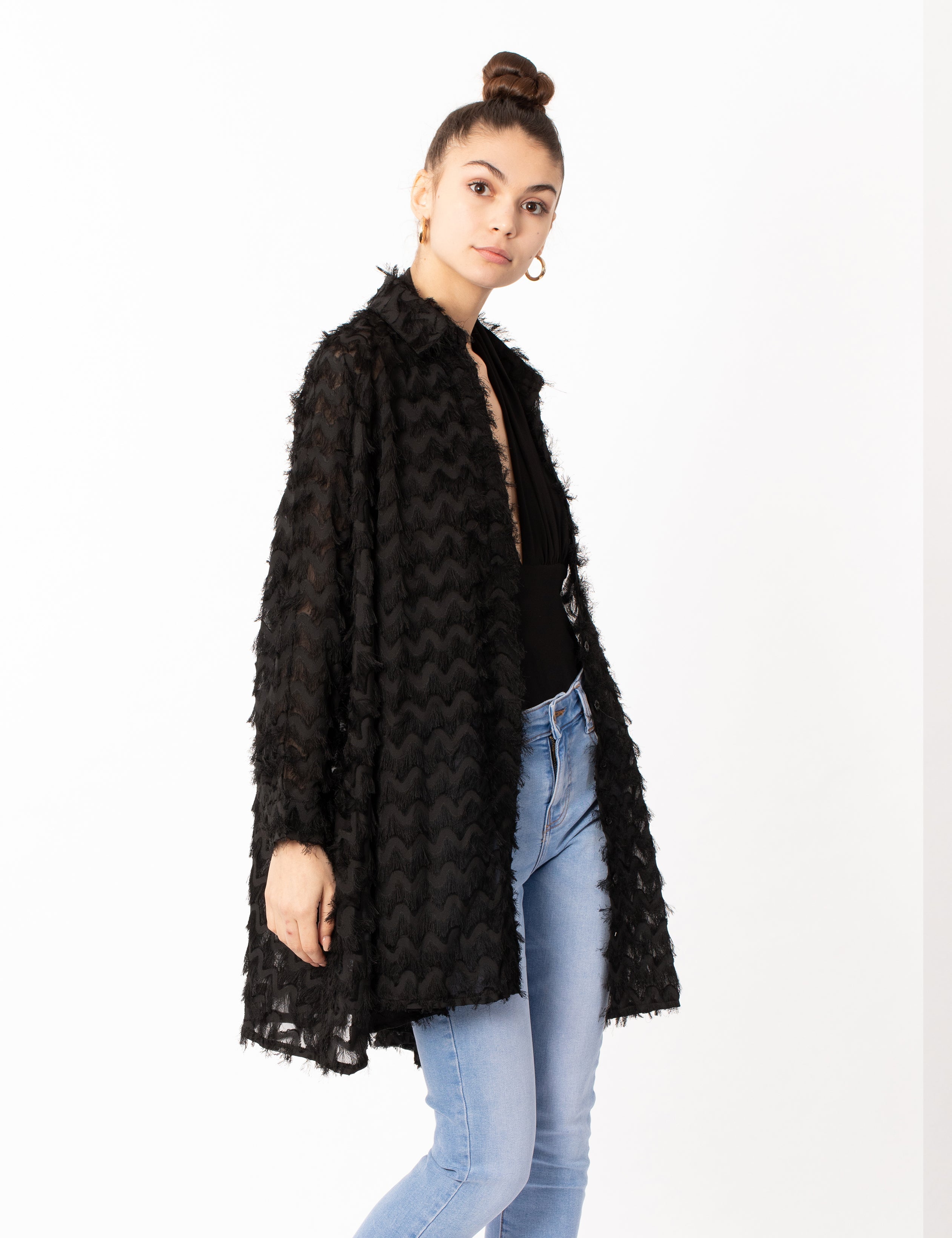 Olivia Row™ | Black color Oversized shirt dress in multi tassel stripe design fabric