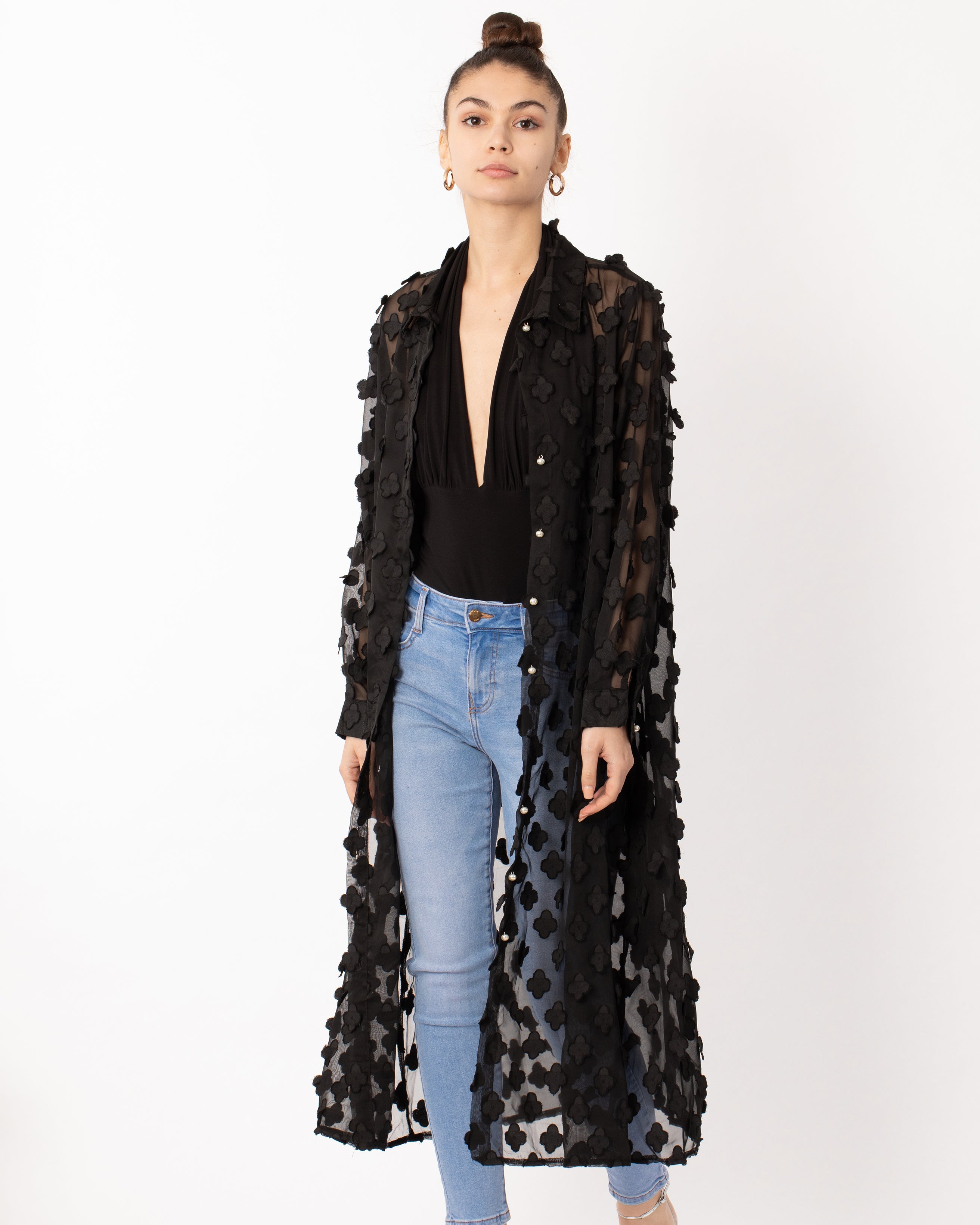 Olivia Row™ | Oversized long shirt dress with floral embellished design in black