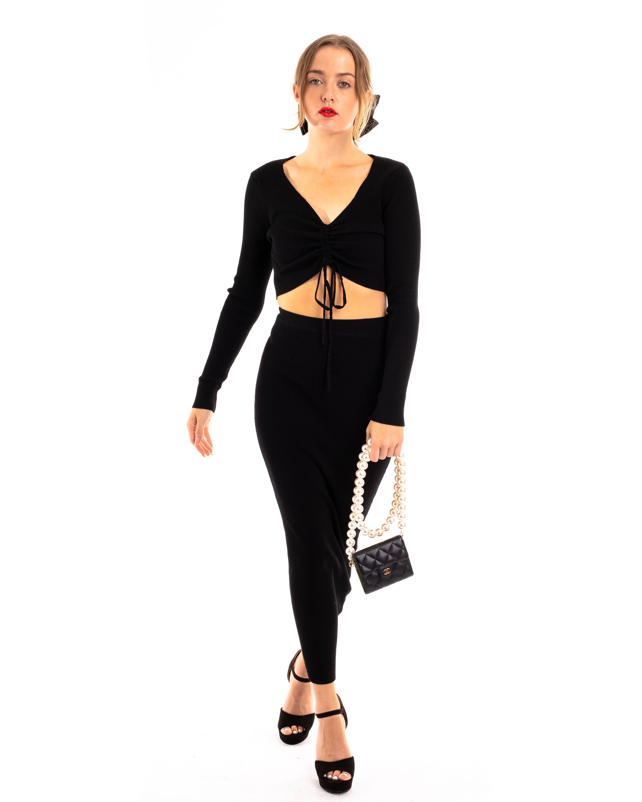 Olivia Row™ | Gather lace up long sleeves top and maxi skirt co-ords suits in black