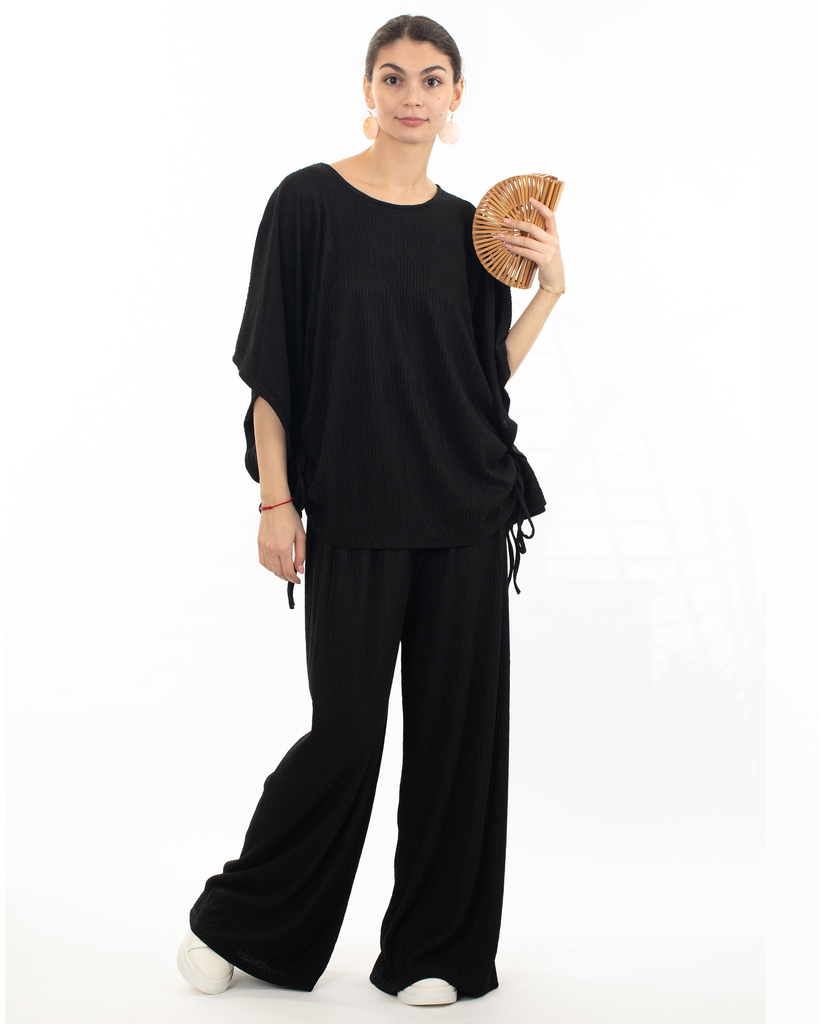 Olivia Row™ | Cotton blend comfort stretch-jersey Lace up top and Relaxed-fit trousers in Black