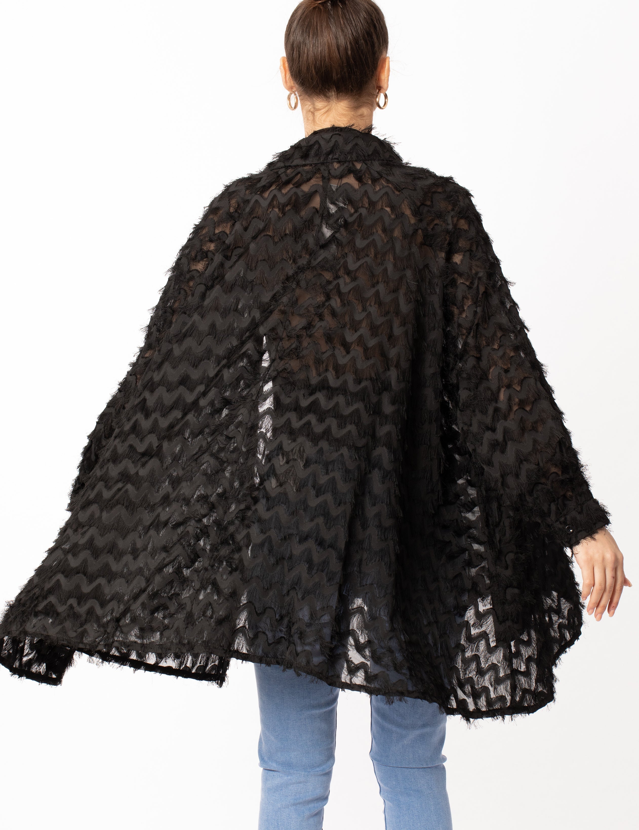 Olivia Row™ | Black color Oversized shirt dress in multi tassel stripe design fabric