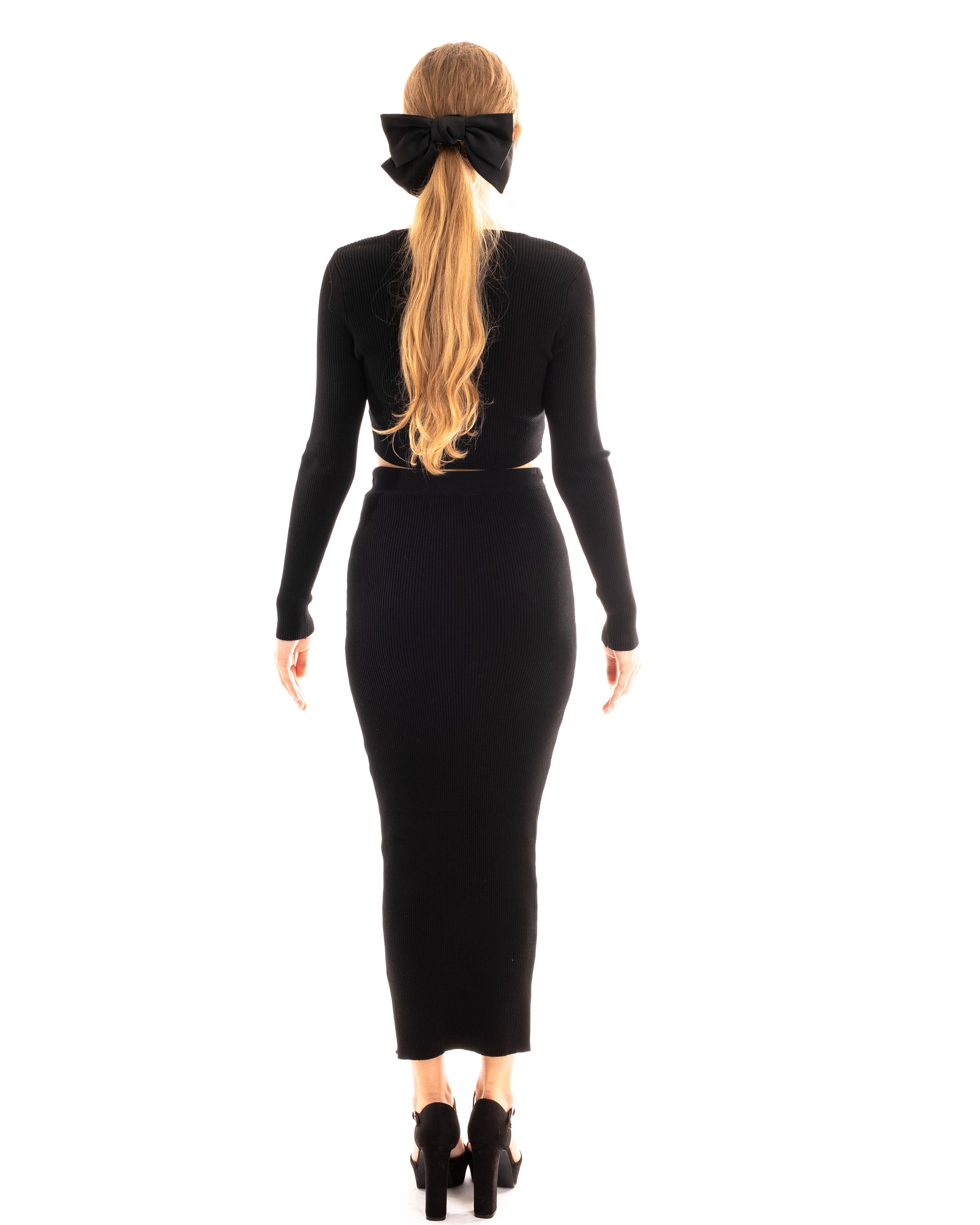 Olivia Row™ | Gather lace up long sleeves top and maxi skirt co-ords suits in black