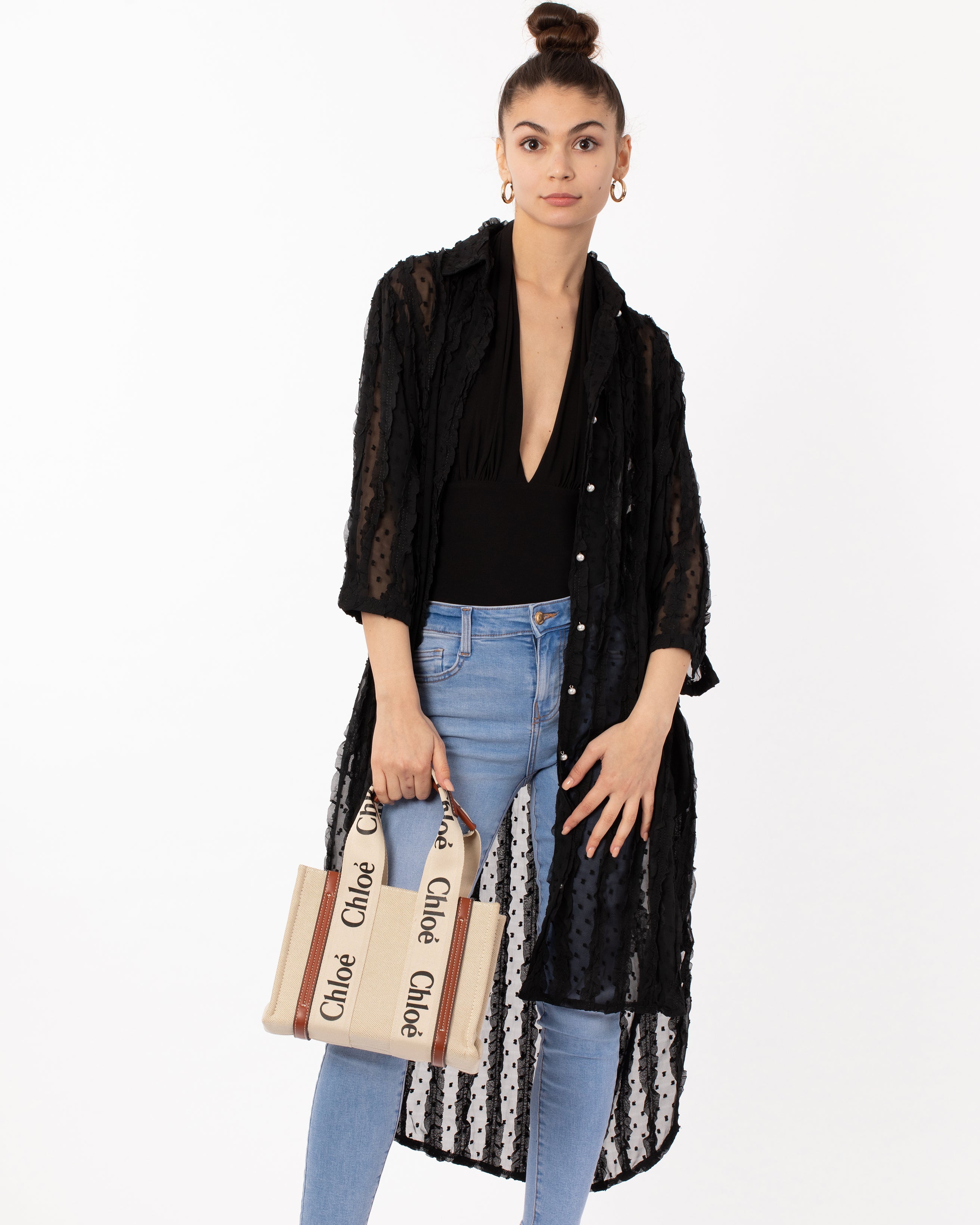 Olivia Row™ | Oversized shirt dress in black with chiffon ruffle stripe design