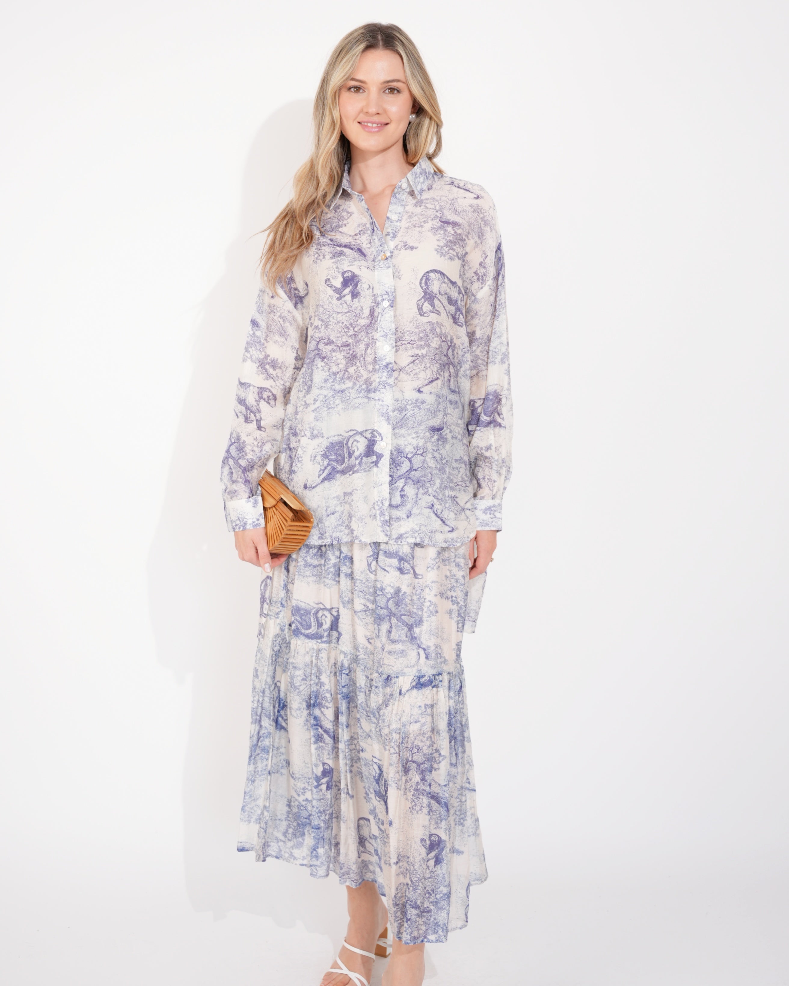 Olivia Row™ | Animal and Forest Scarf print Shirt and Midi Skirt Co-ords in Blue