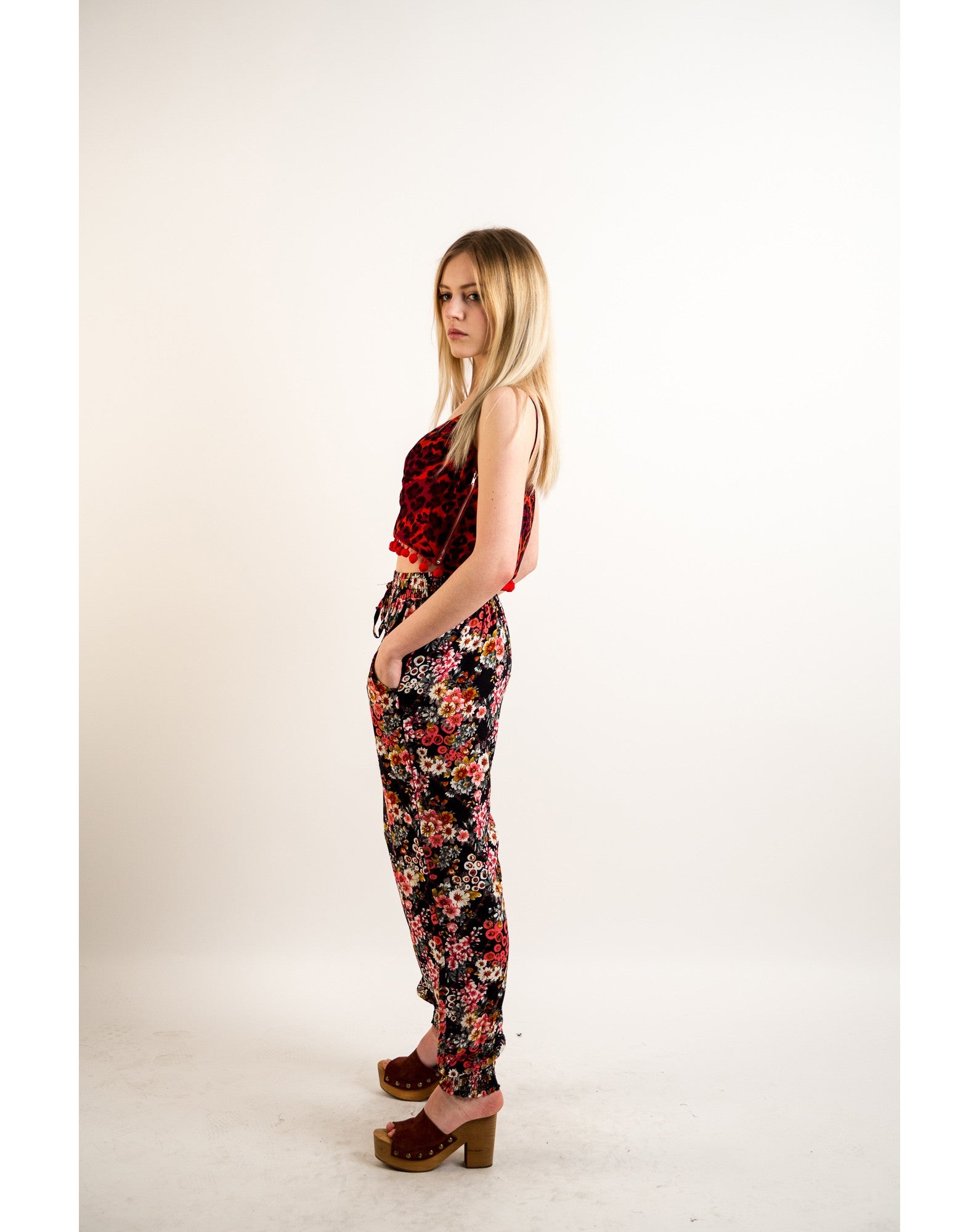 Olivia Row™ | Floral print elasticated waist Cotton Trousers (BLACK)