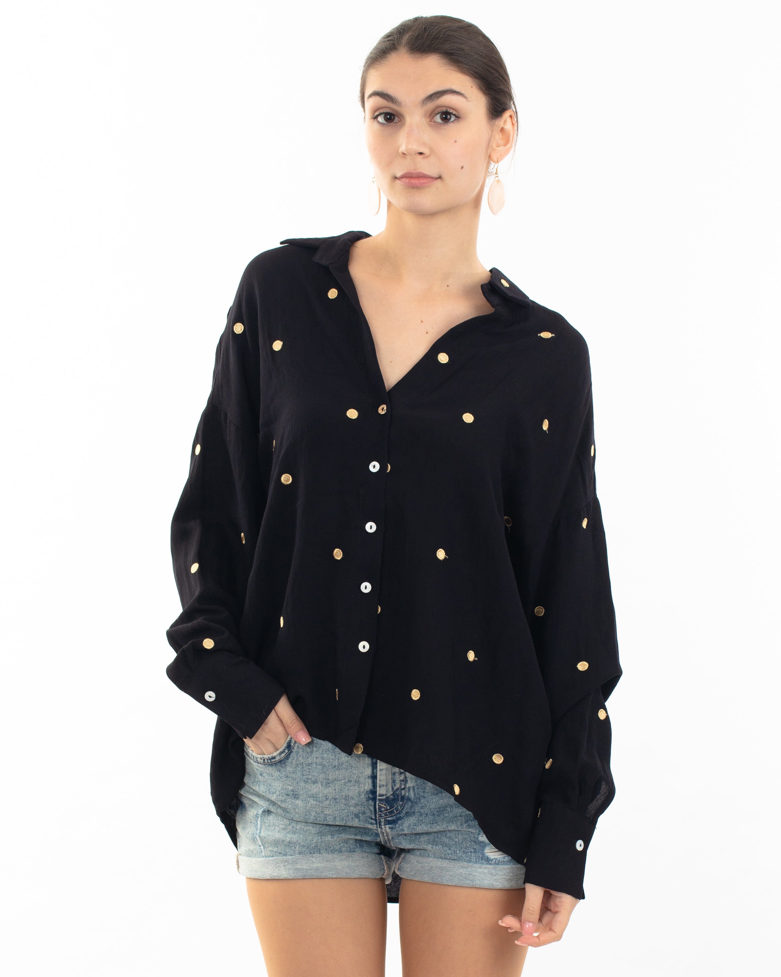 Olivia Row™ | Gold Polka Dots Embroidered Shirt in Soft cotton fabric in Black
