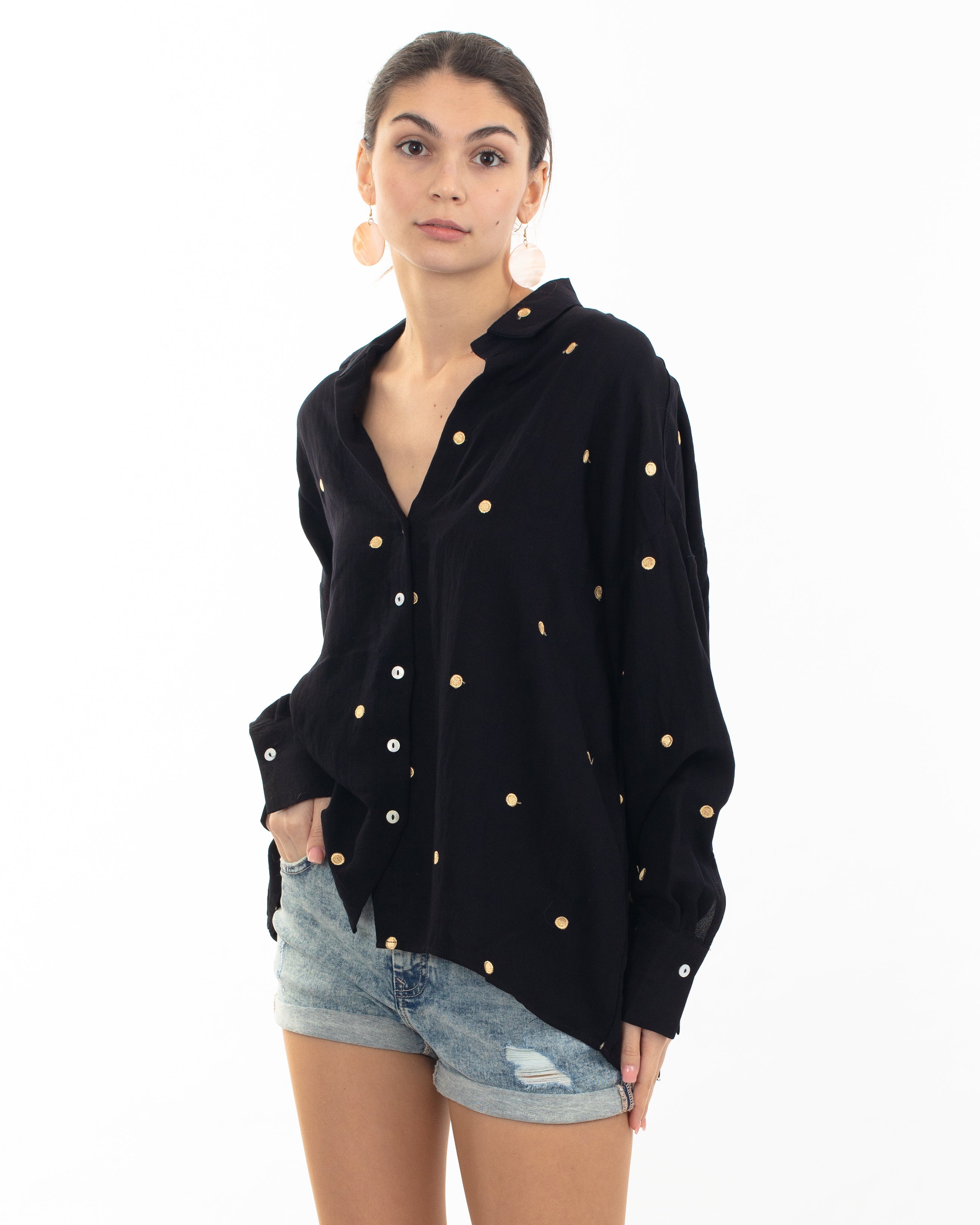 Olivia Row™ | Gold Polka Dots Embroidered Shirt in Soft cotton fabric in Black