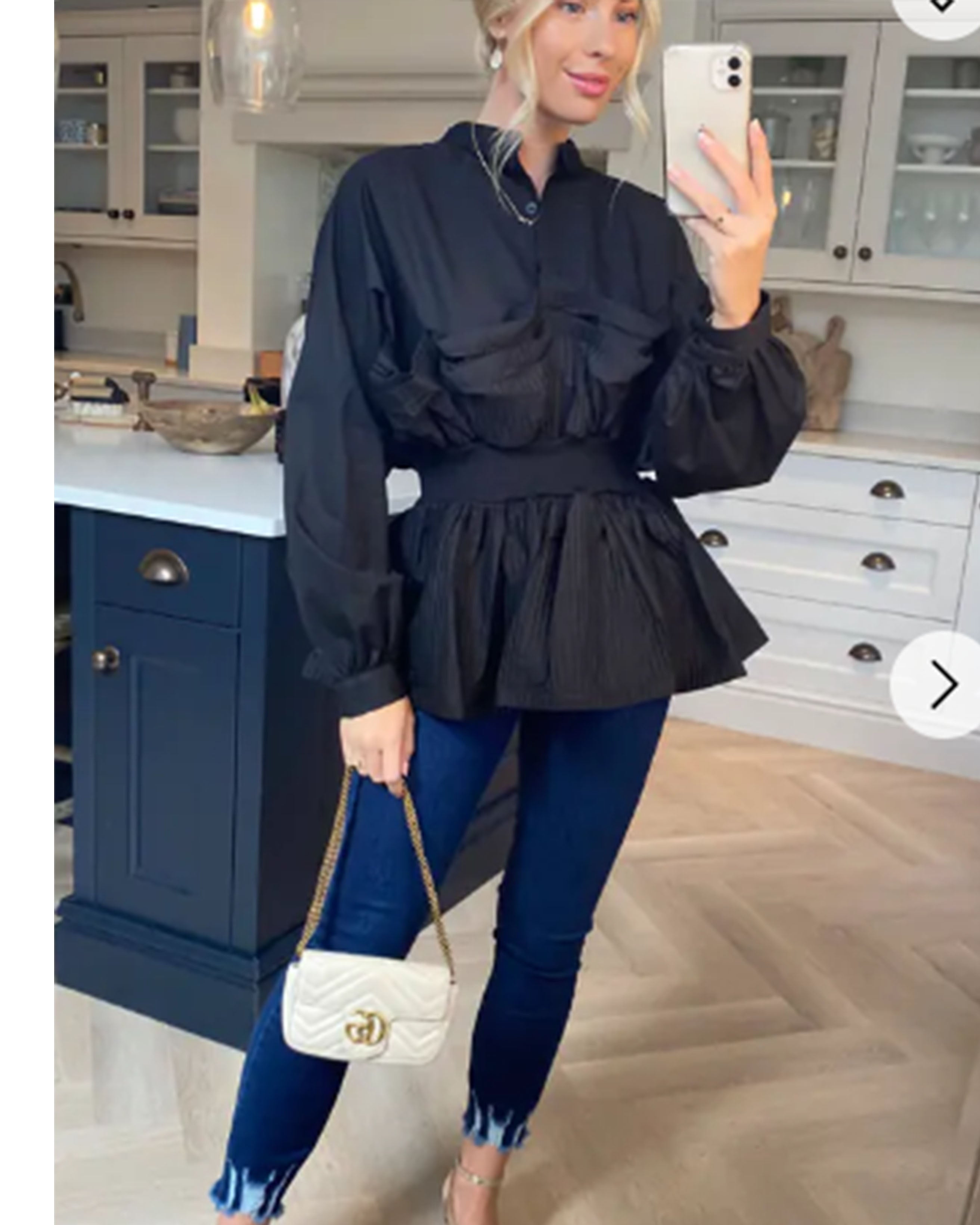 Olivia Row™ | Ruffle design around chest and hem cotton shirt in black