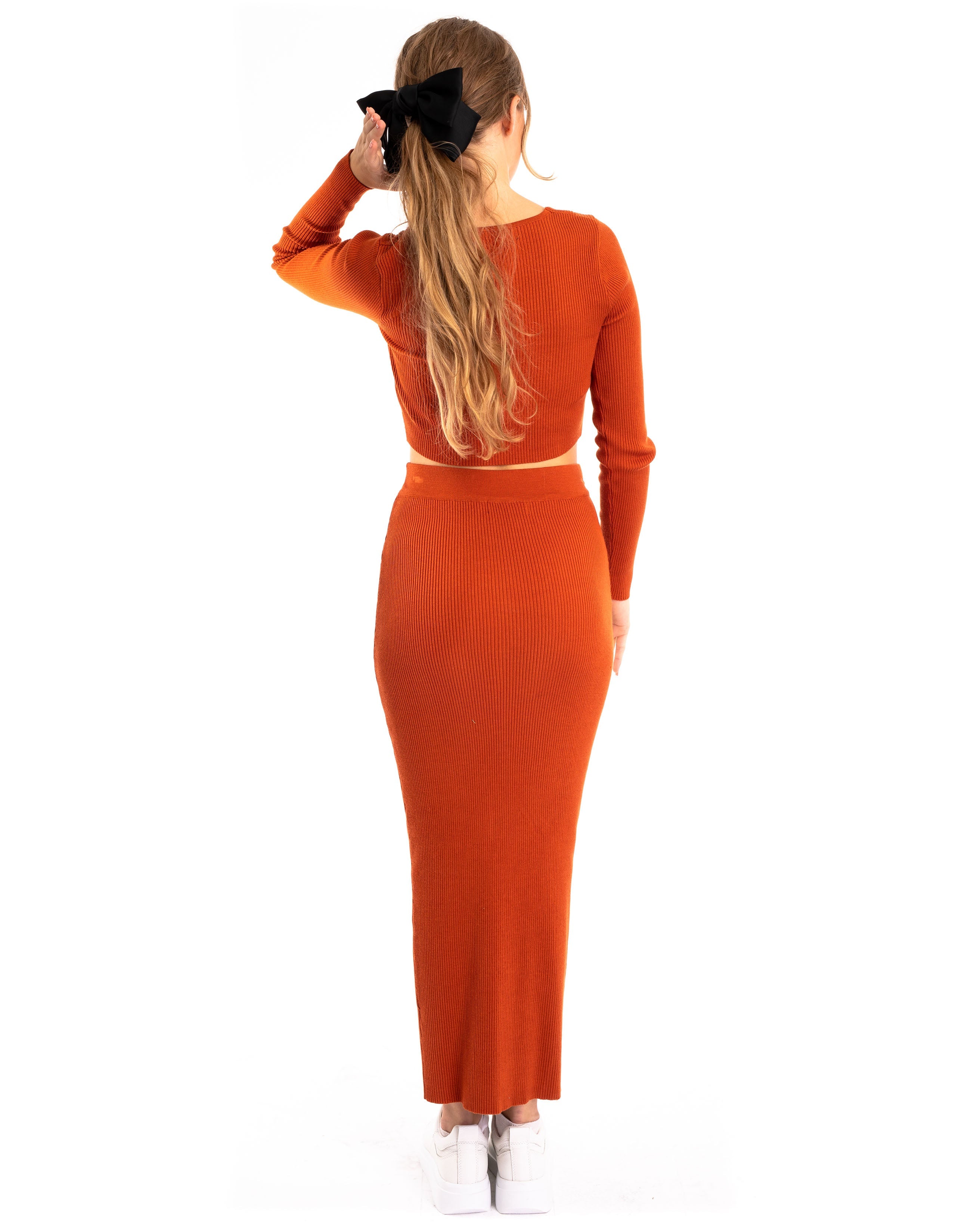 Olivia Row™ | Gather lace up long sleeves top and maxi skirt co-ords suits in brown