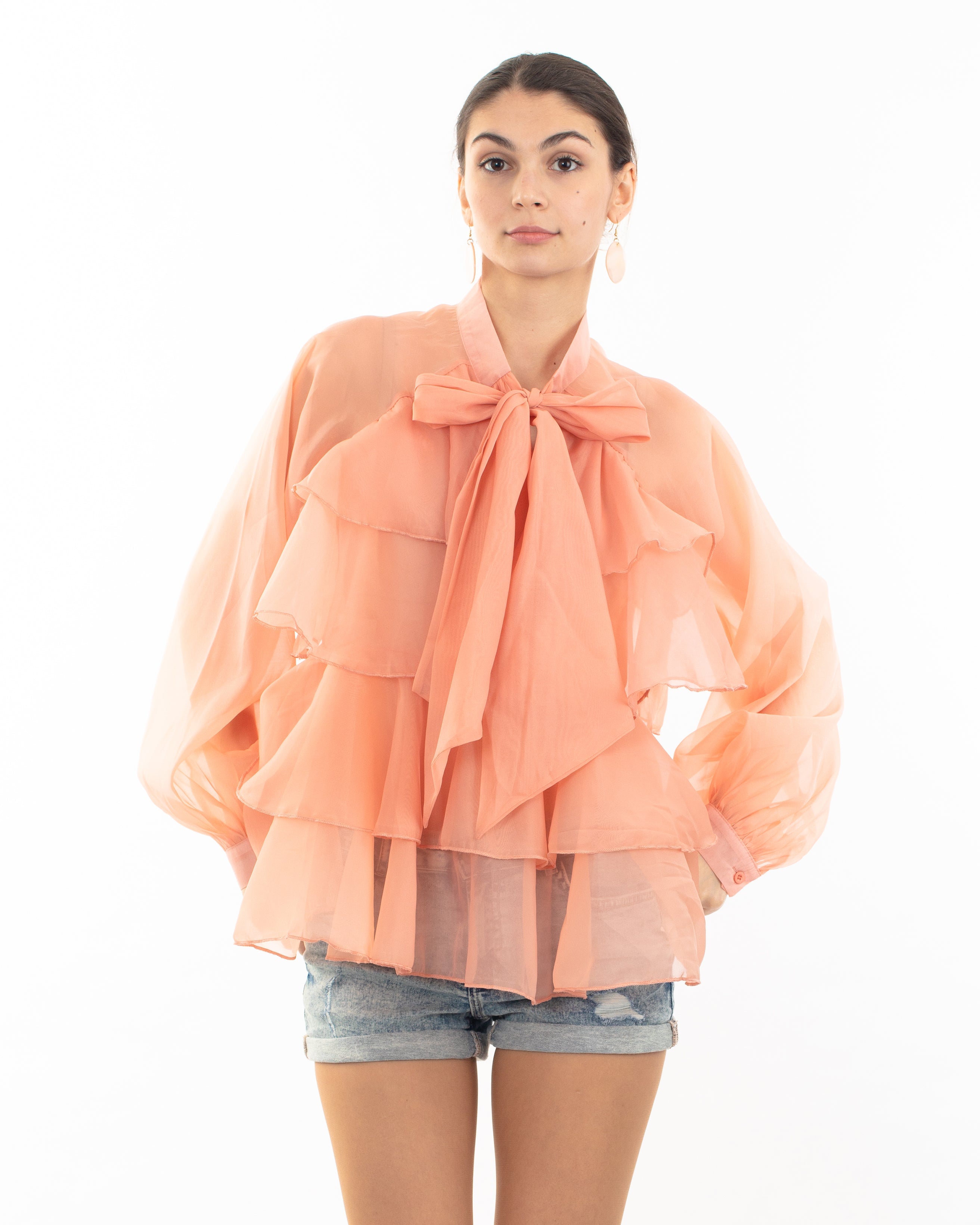 Olivia Row™ | Organza shirt with multi-layer Bow Tie Up in front