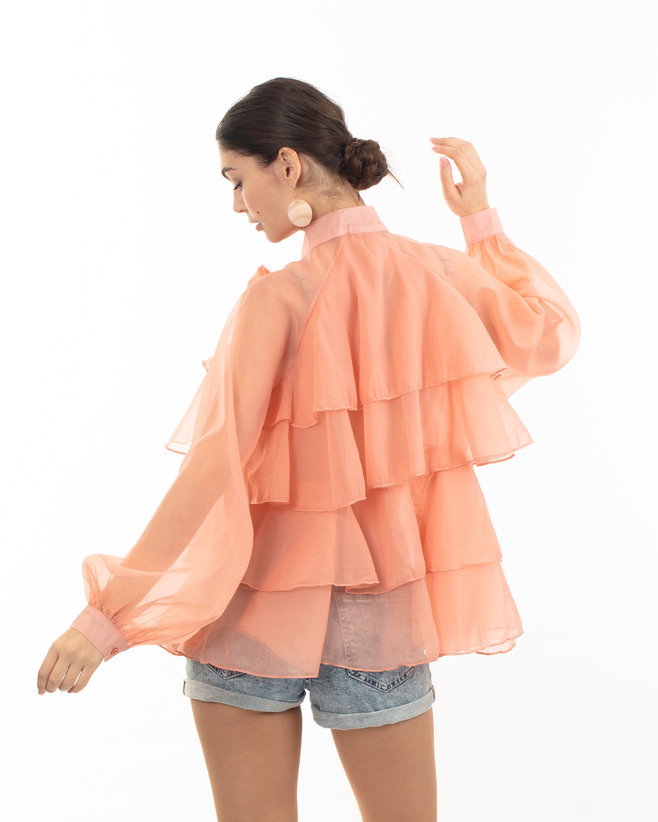 Olivia Row™ | Organza shirt with multi-layer Bow Tie Up in front