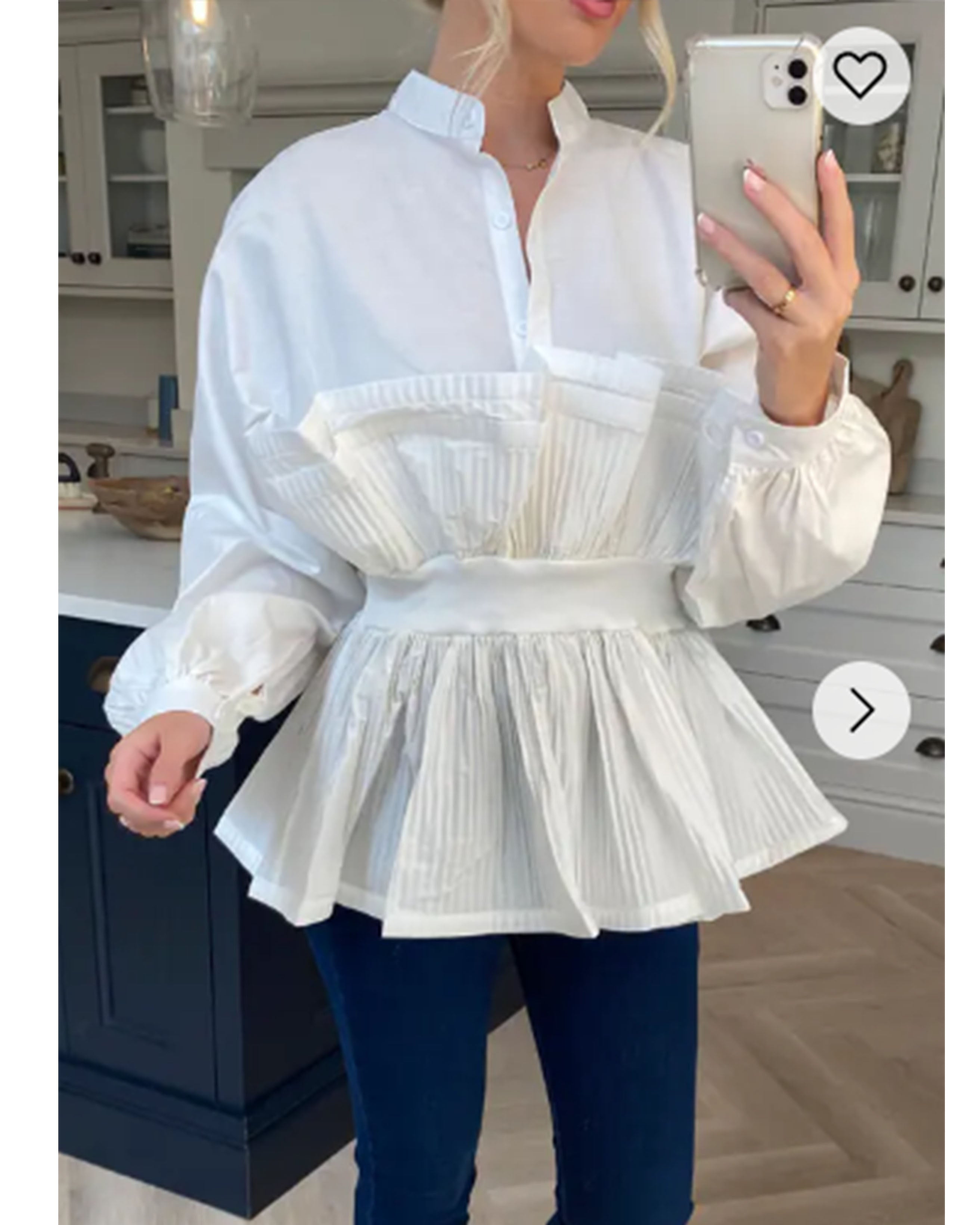 Olivia Row™ | Ruffle design around chest and hem cotton shirt in white