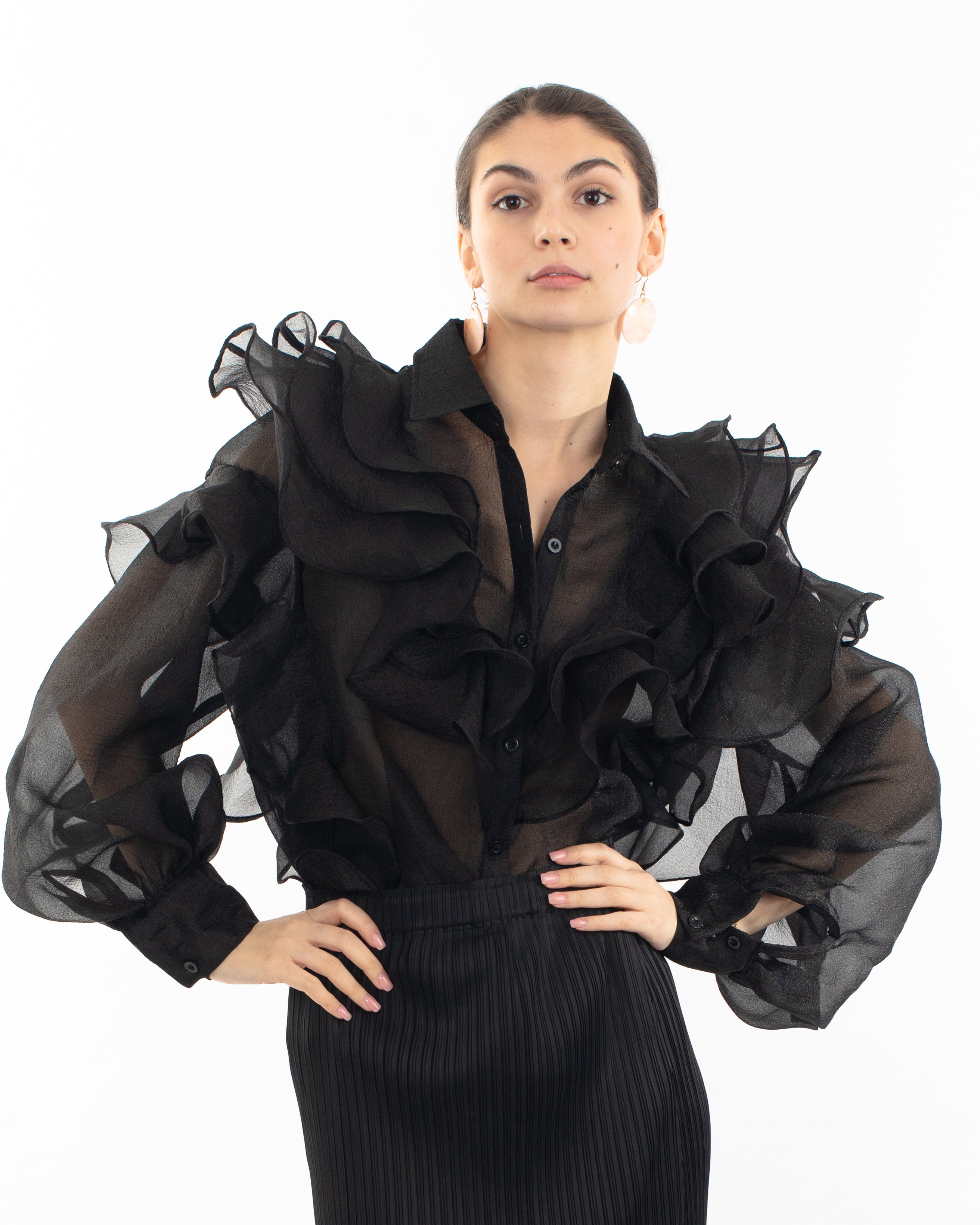 Olivia Row™ | Multi Layer ruffles design sheer organza  shirt in Black