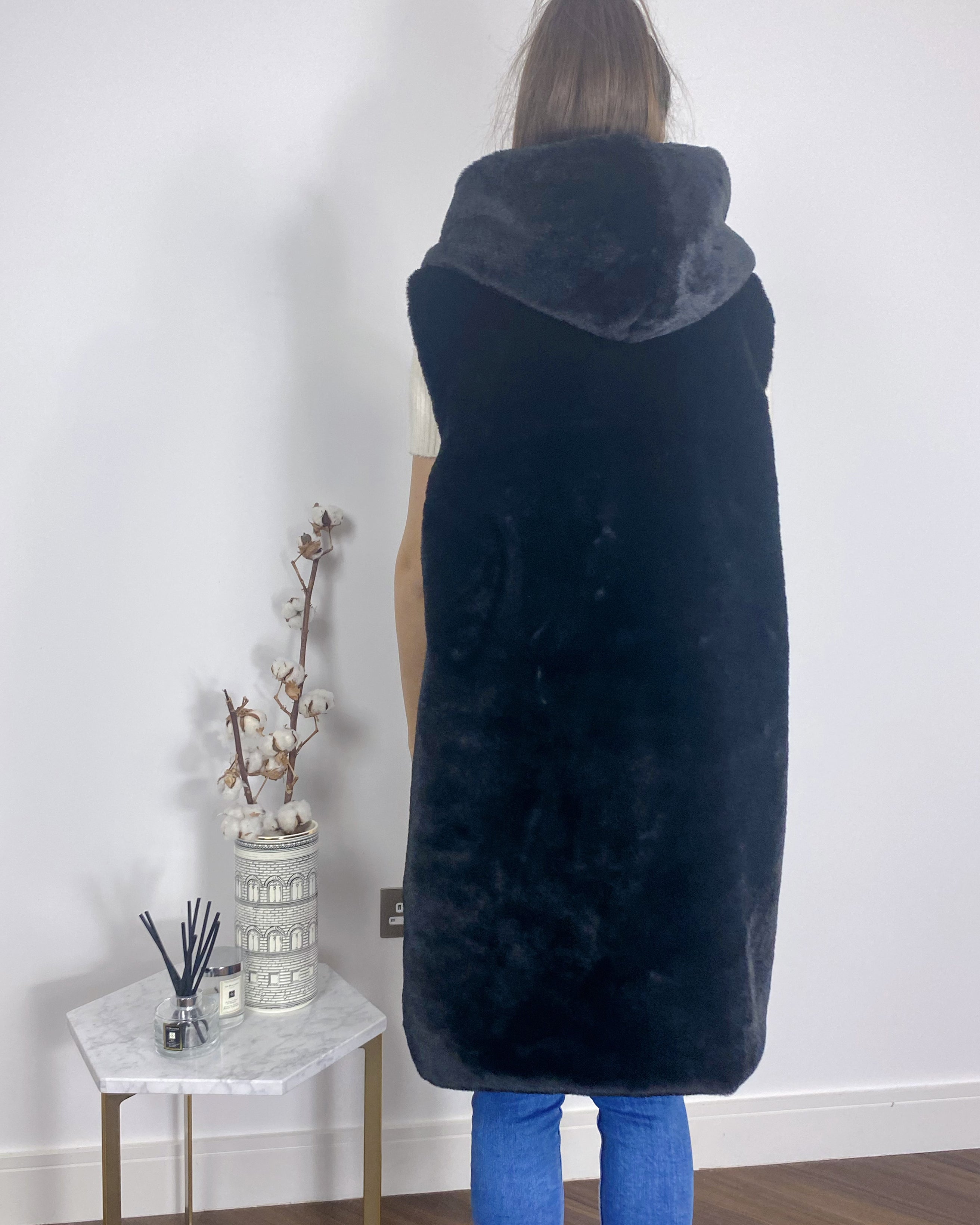 Olivia Row™ | Plus Size Faux Fur Long Gilet with Hoodie in black