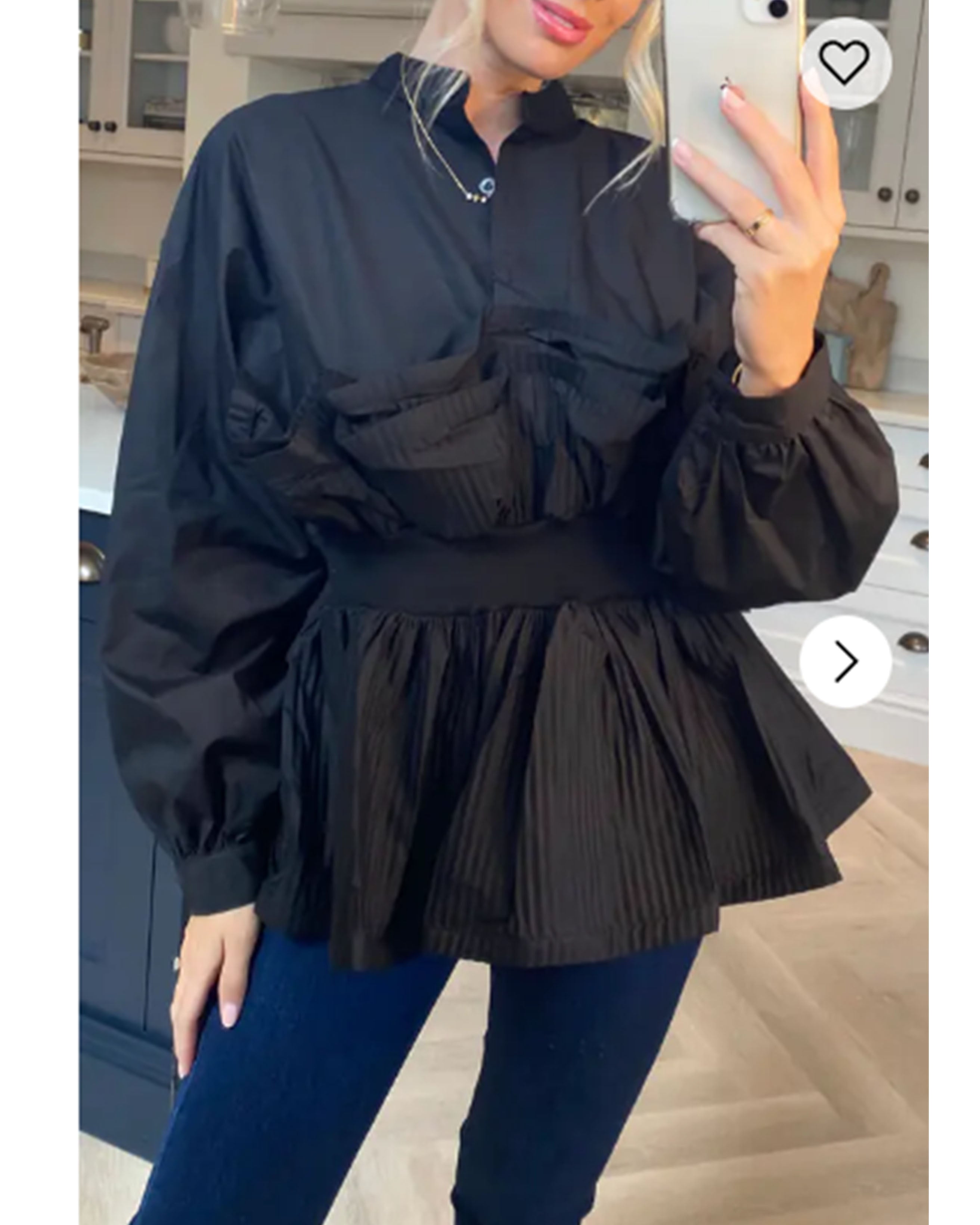 Olivia Row™ | Ruffle design around chest and hem cotton shirt in black