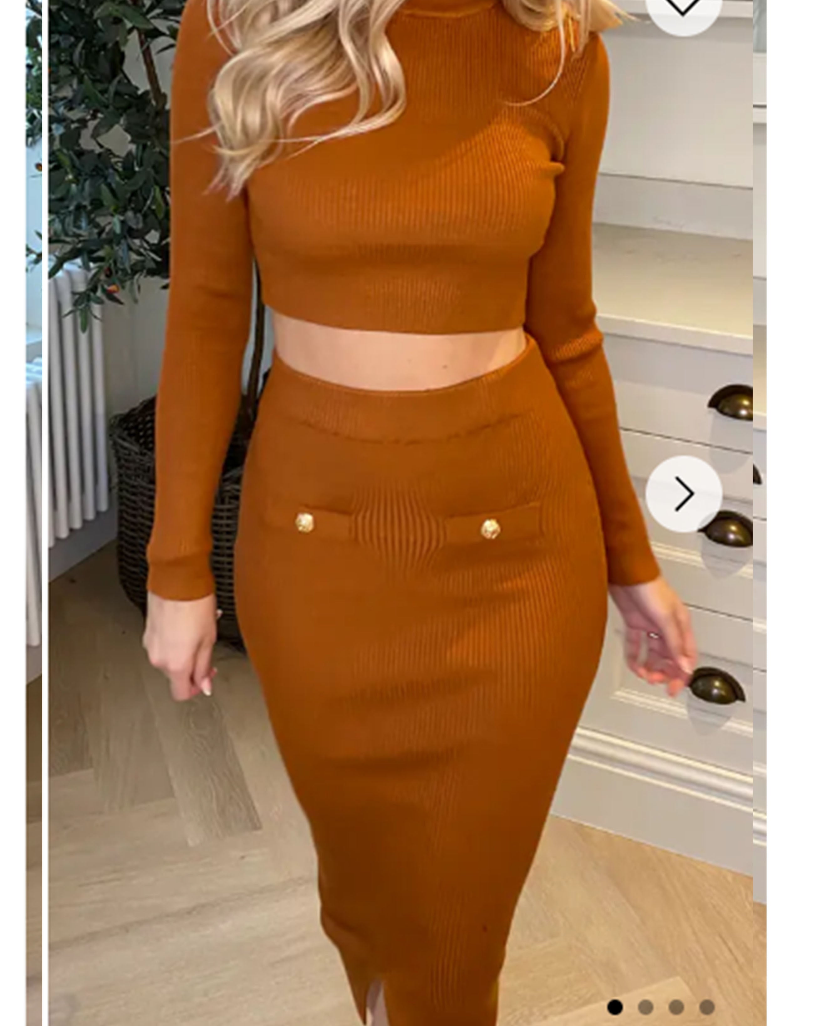 Olivia Row™ | Long sleeves top with buttons design and midi skirt co-ords suits in brown