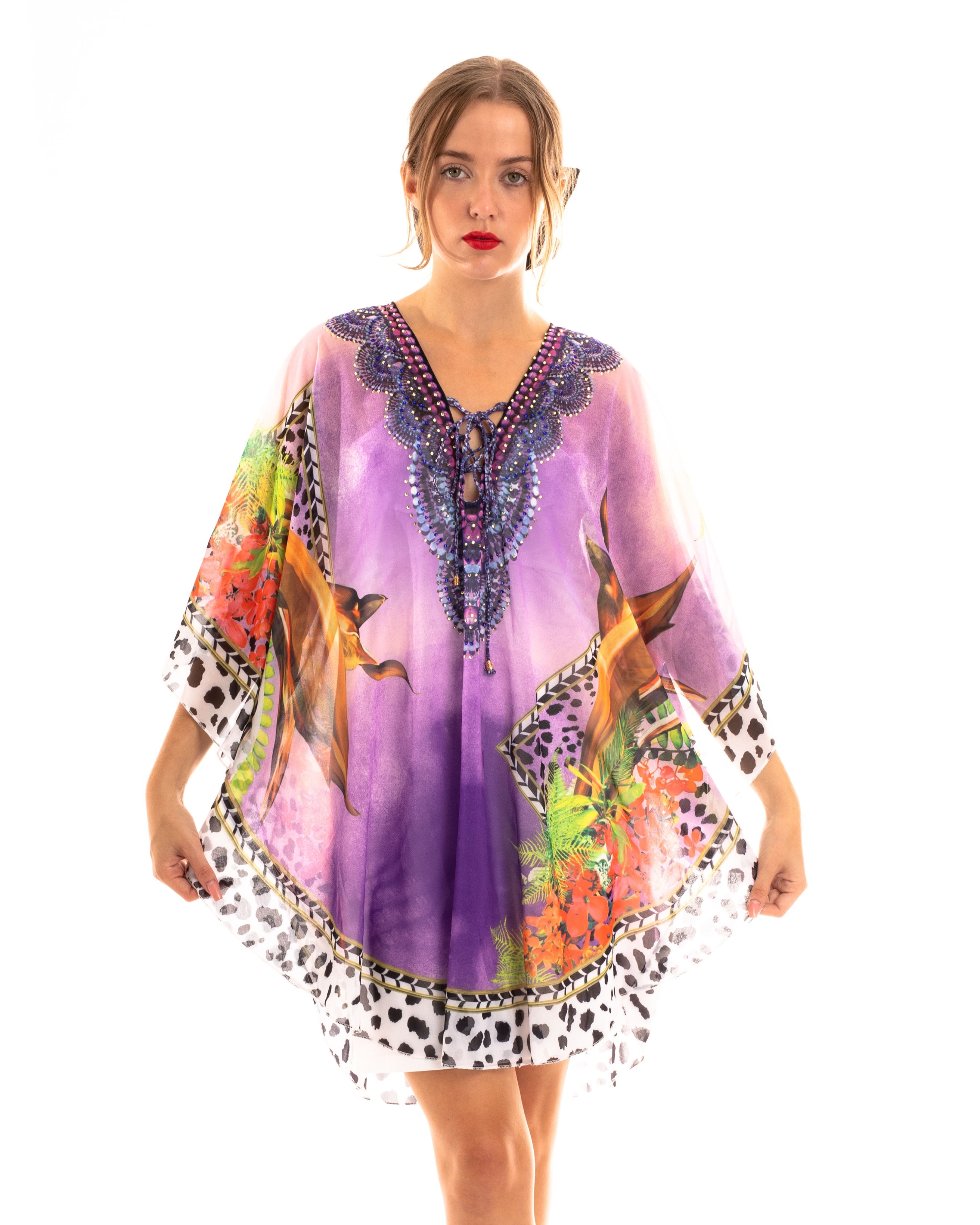 Oliva Row™ | Leopard print chiffon kaftan top in purple