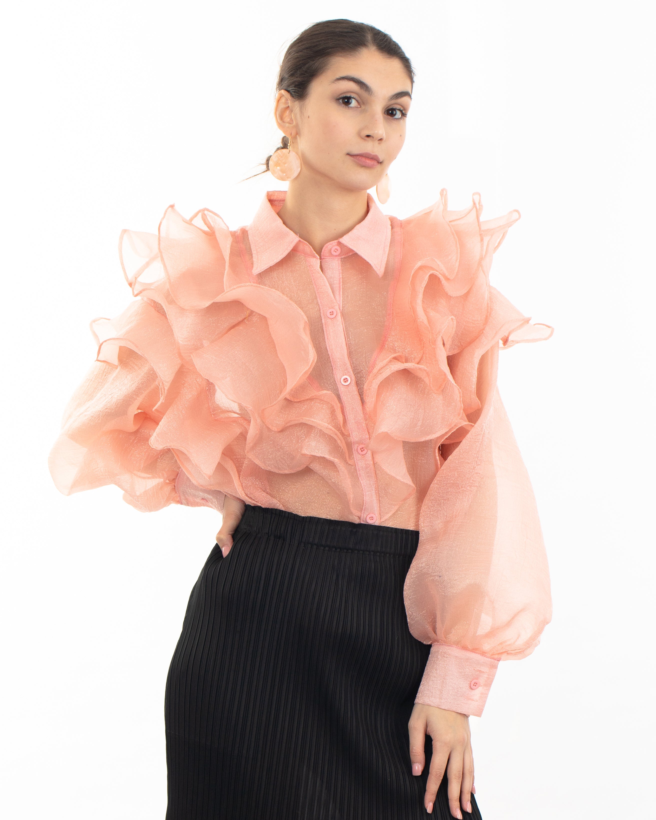 Olivia Row™ | Multi Layer ruffles design sheer organza  shirt in Dusty Pink