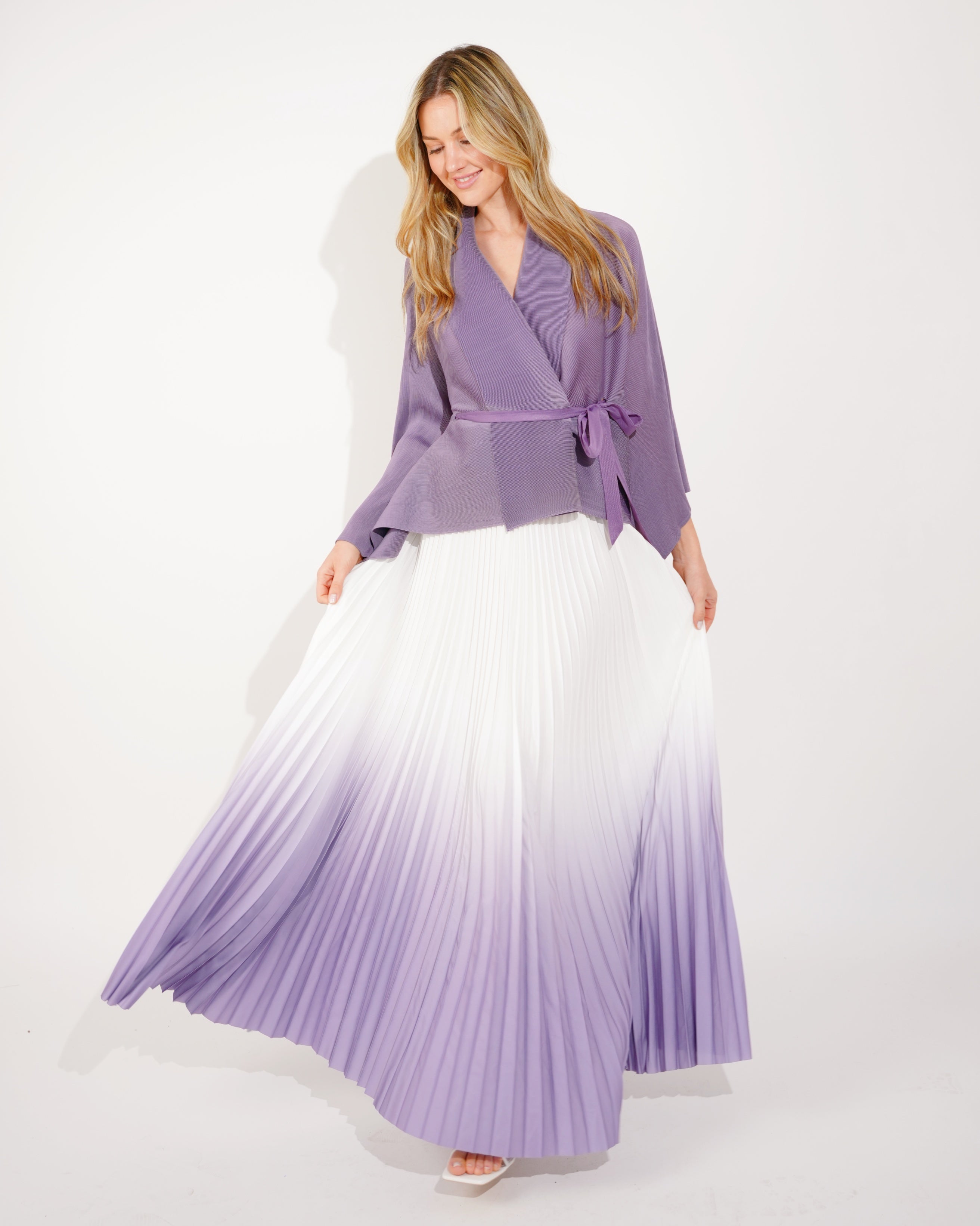 Olivia Row™ | Full pleated Kimono sleeves cardigan top and tie dye print maxi skirt in purple