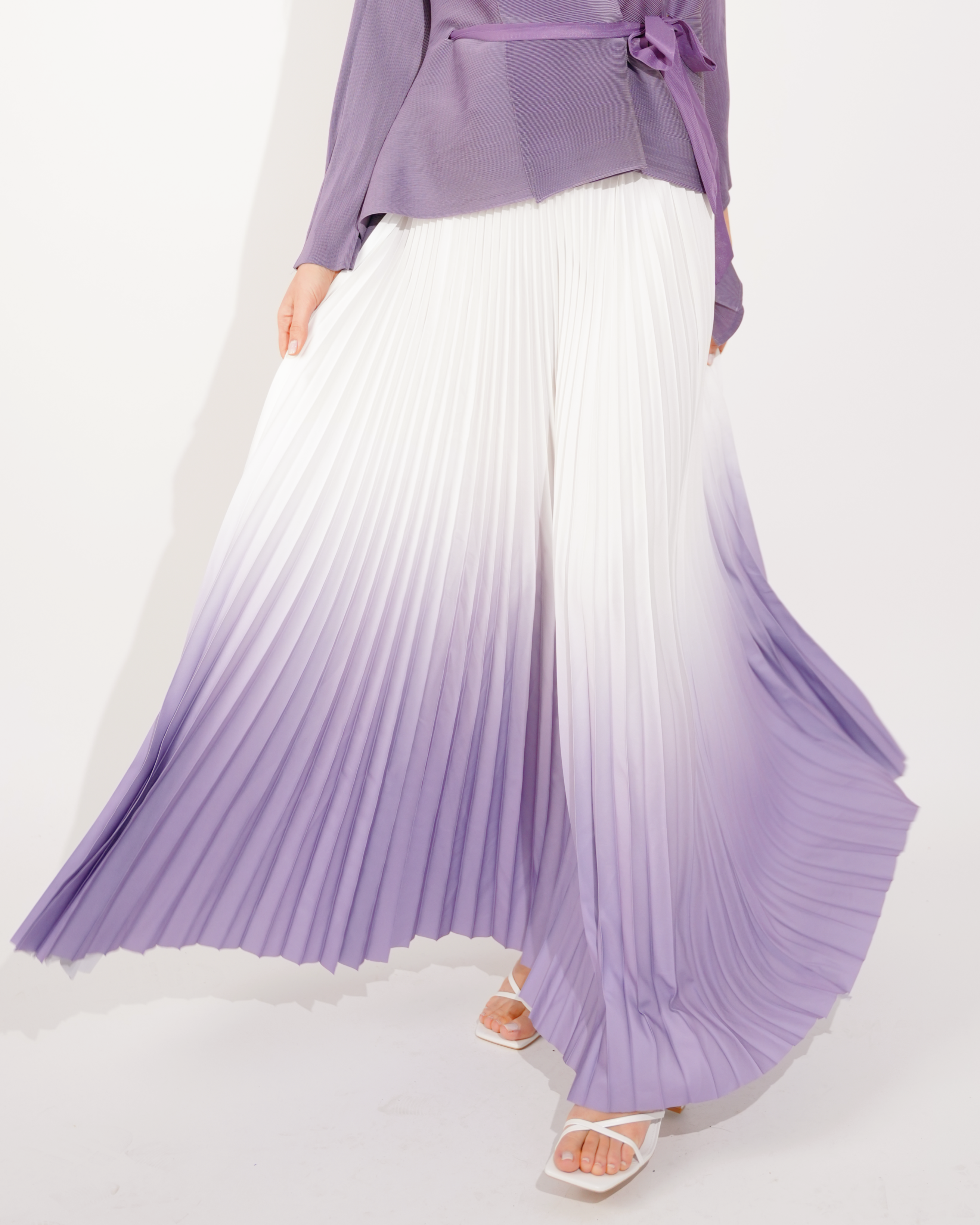 Olivia Row™ | Full pleated Kimono sleeves cardigan top and tie dye print maxi skirt in purple