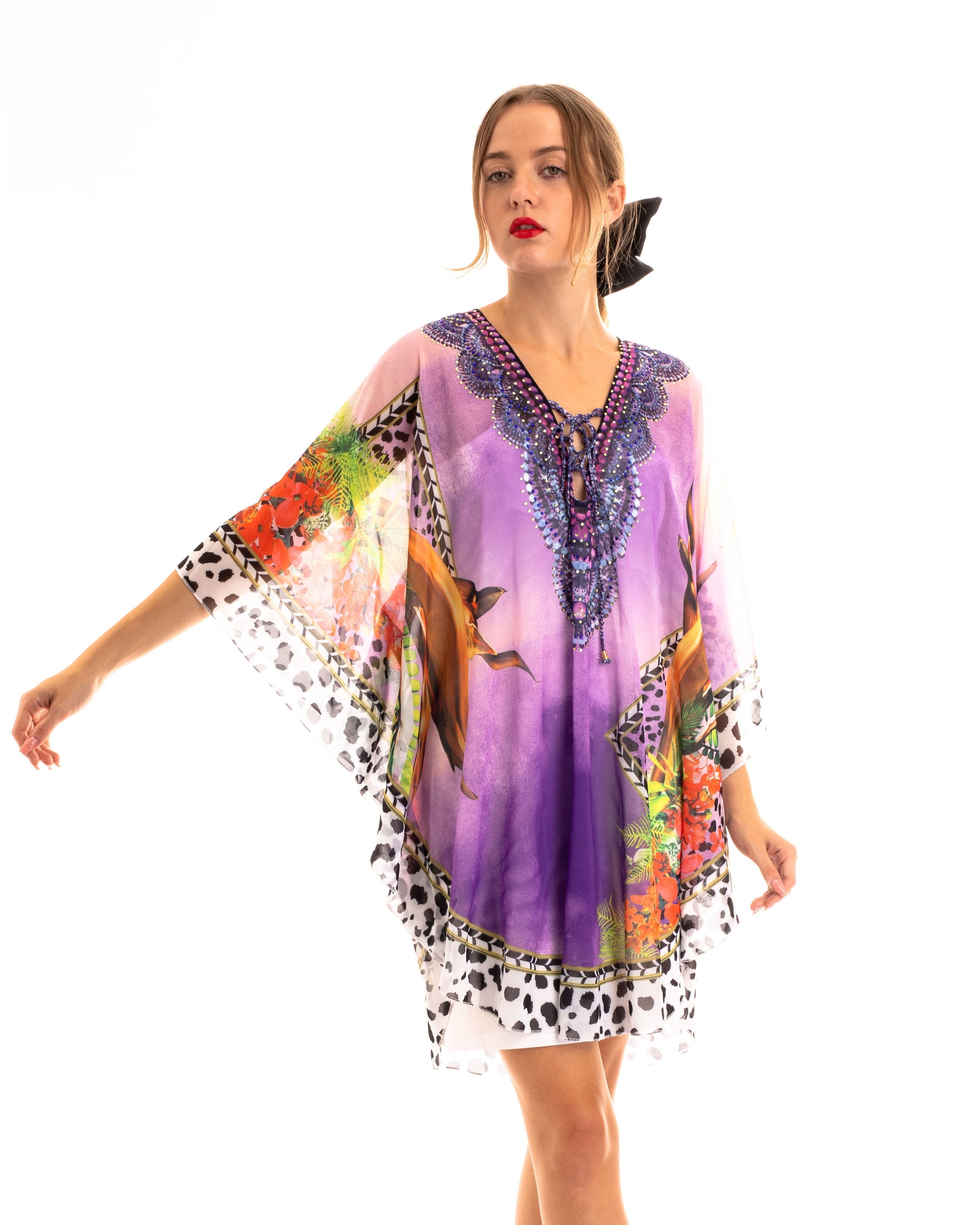 Oliva Row™ | Leopard print chiffon kaftan top in purple