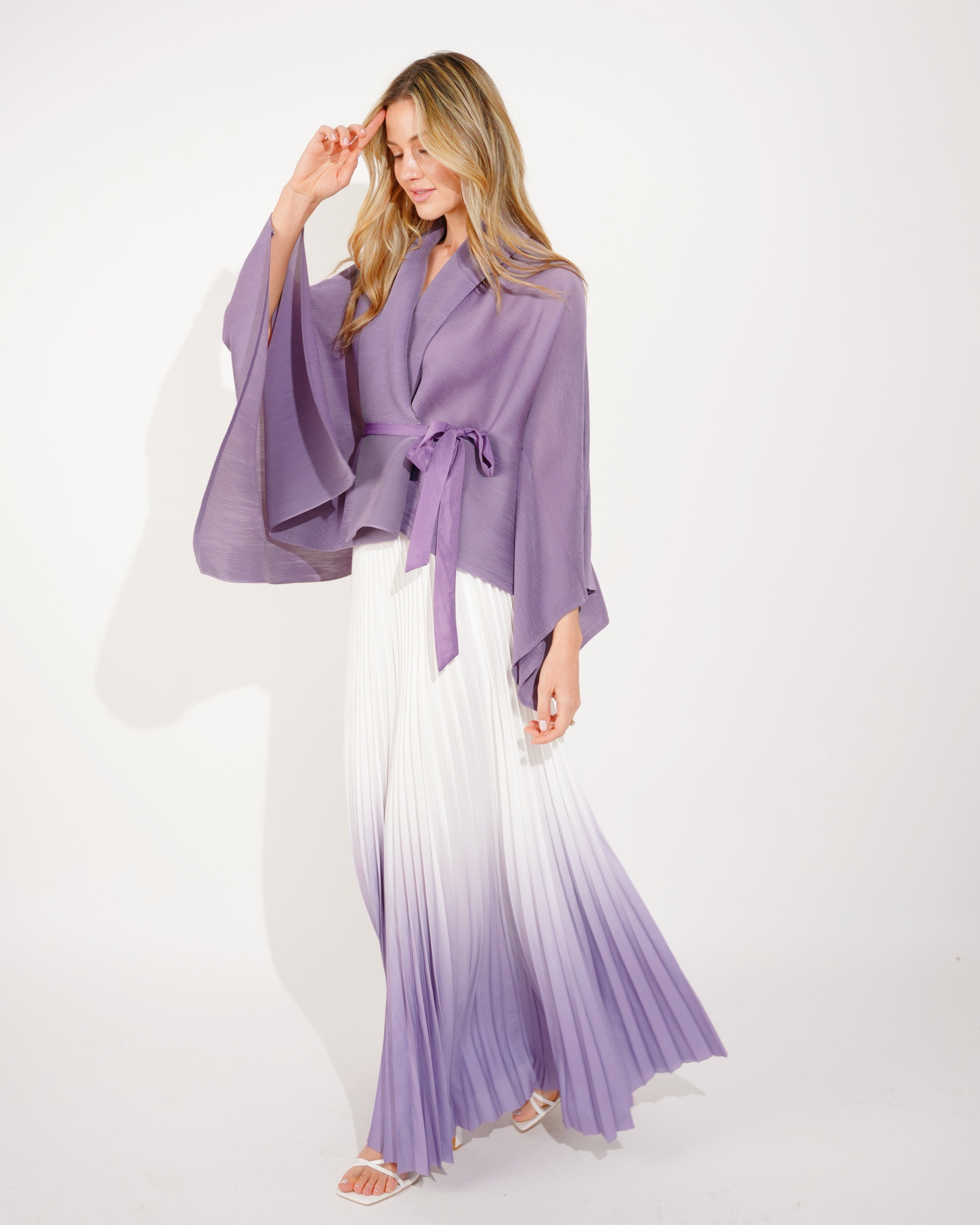 Olivia Row™ | Full pleated Kimono sleeves cardigan top and tie dye print maxi skirt in purple
