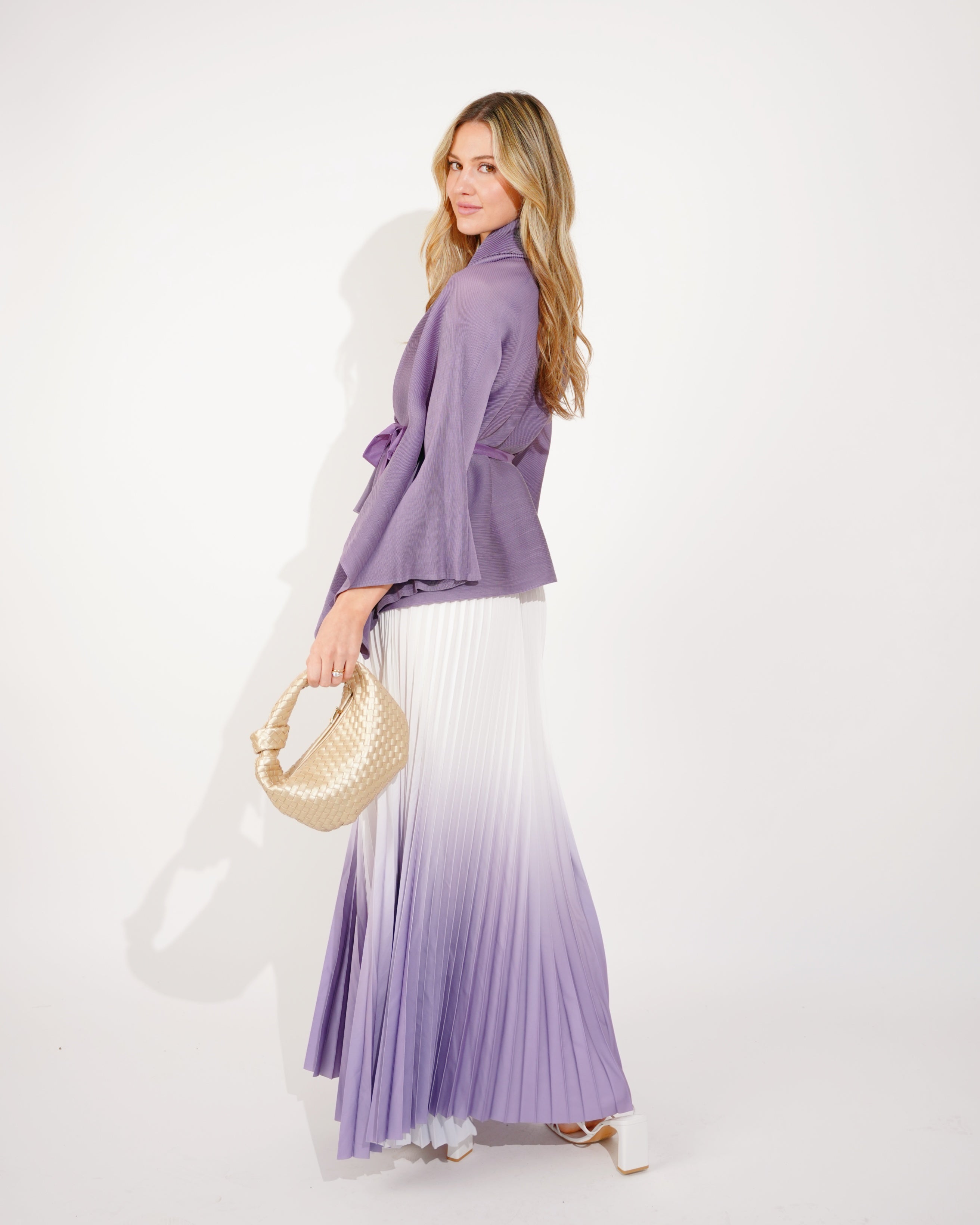 Olivia Row™ | Full pleated Kimono sleeves cardigan top and tie dye print maxi skirt in purple