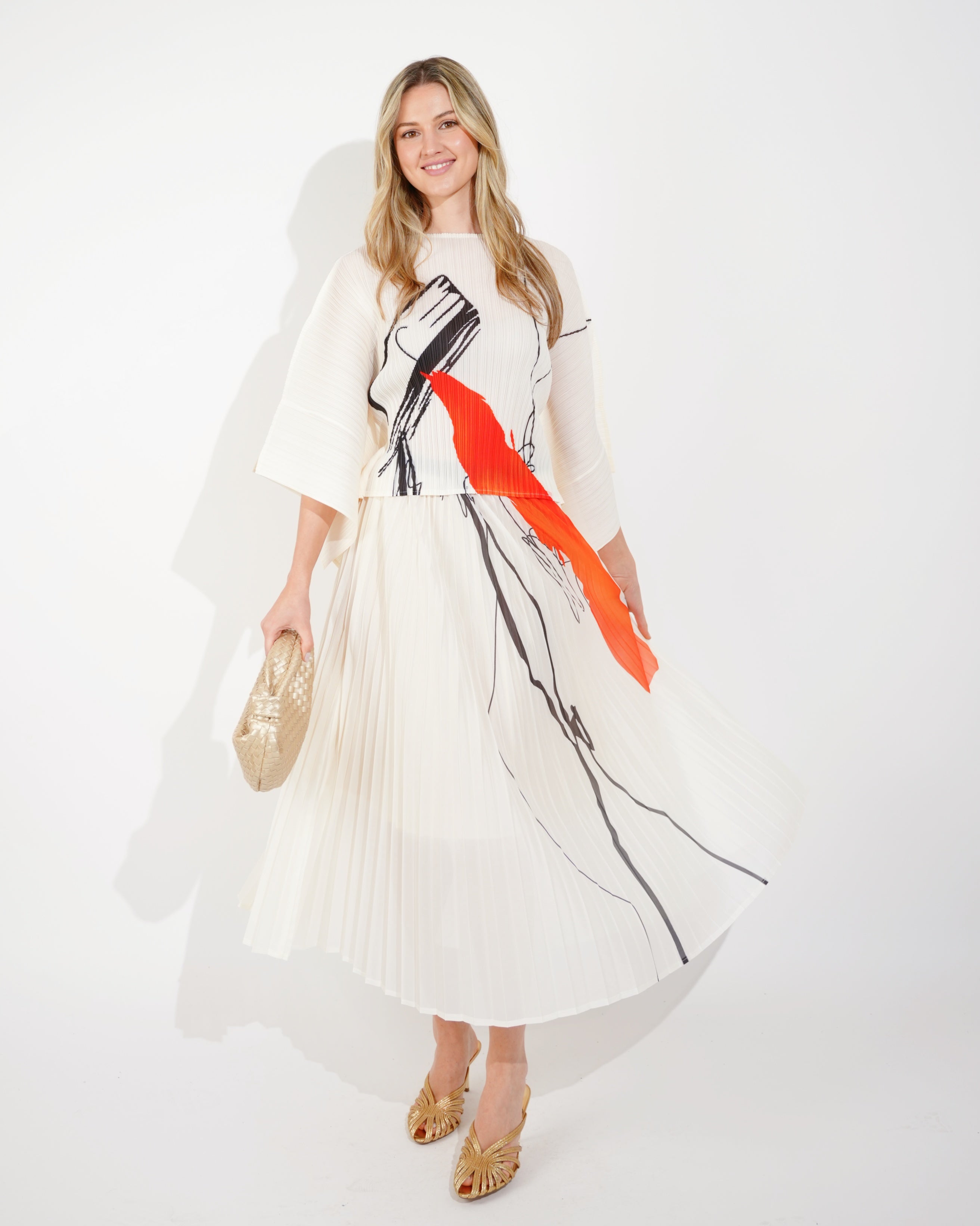 Olivia Row™ | Full pleated Printed top and Midi skirt in White