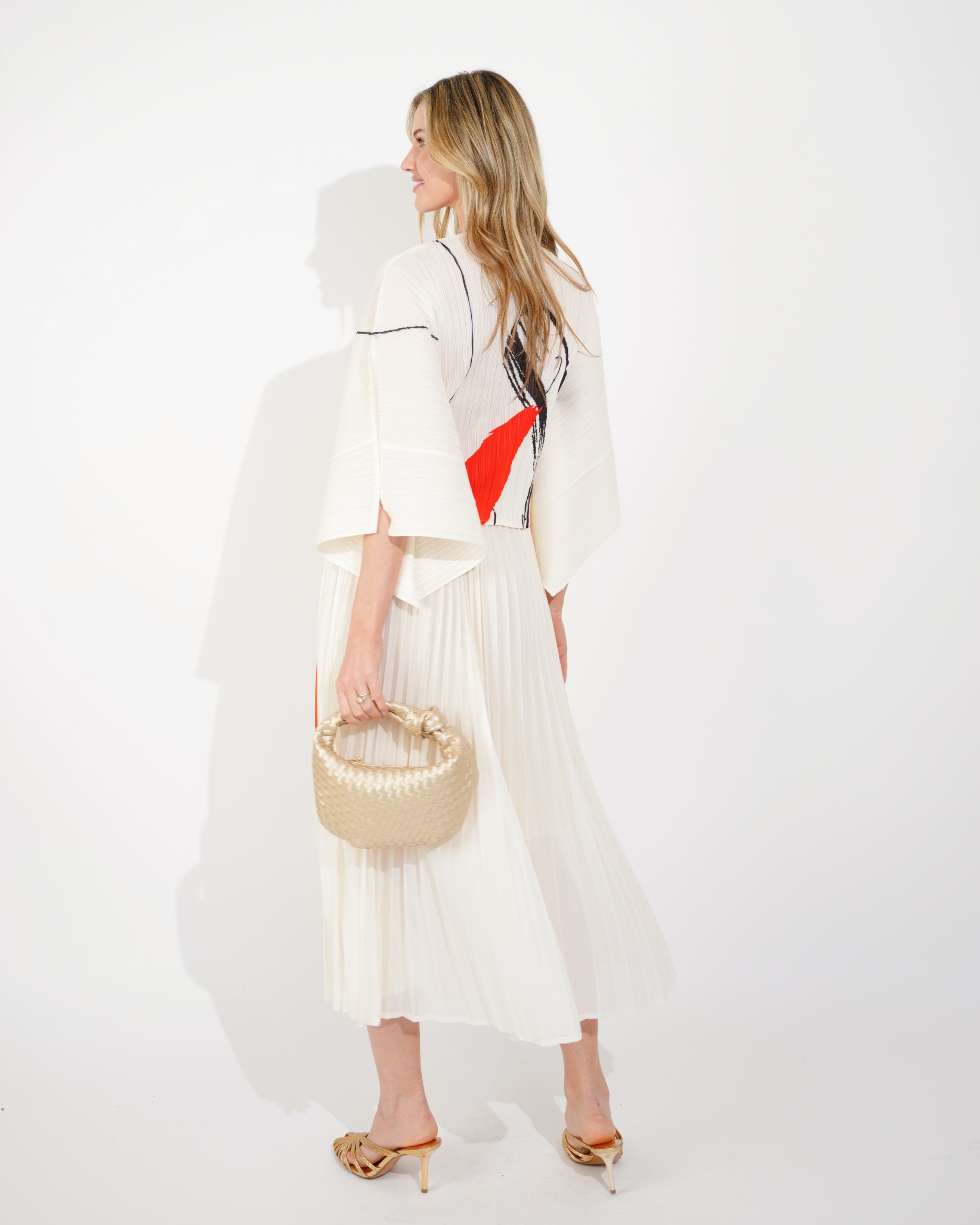 Olivia Row™ | Full pleated Printed top and Midi skirt in White