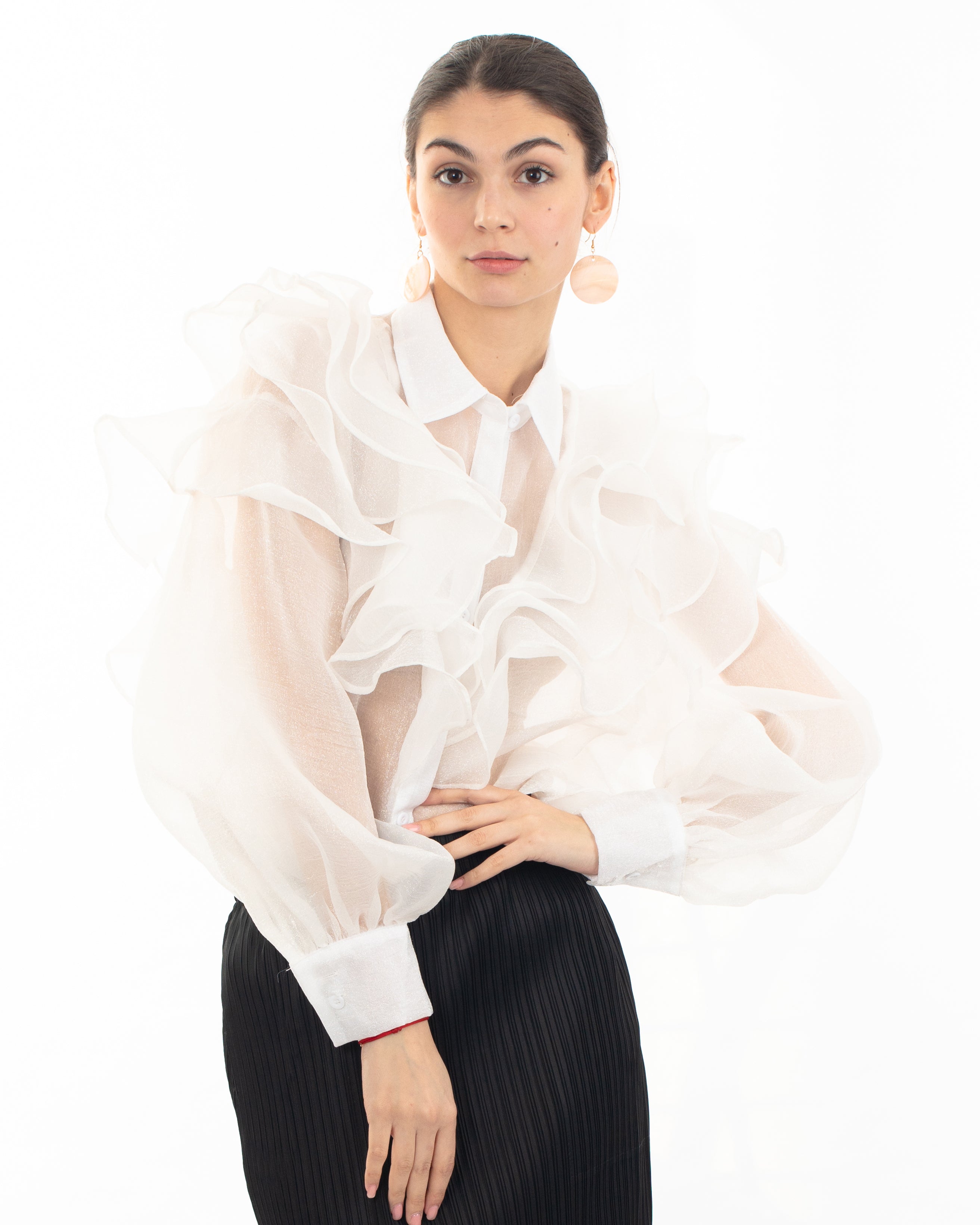 Olivia Row™ | Multi Layer ruffles design sheer organza  shirt in White